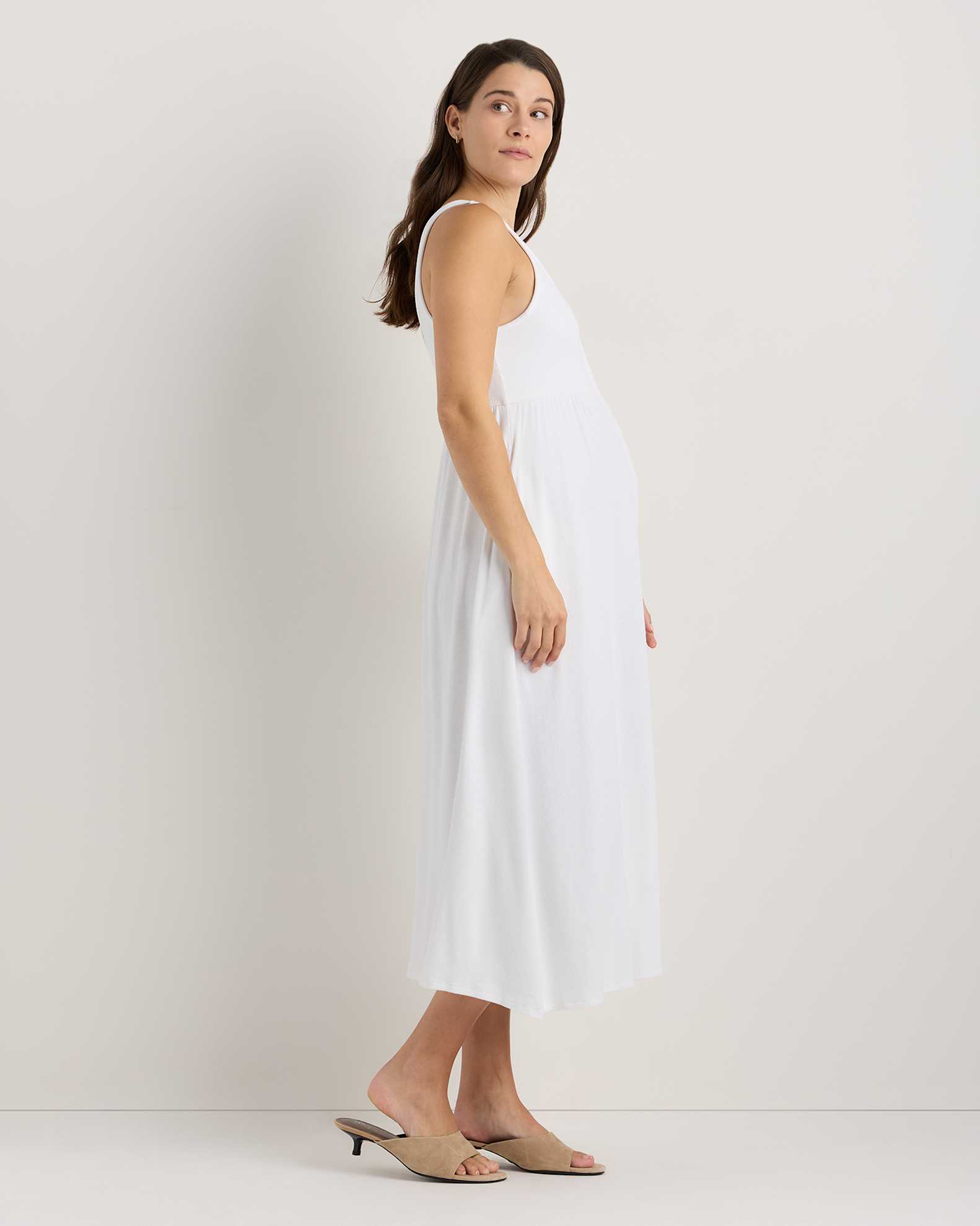Bamboo Maternity Sleeveless Button Front Dress - Maternity in Classic White Bamboo Maternity Sleeveless Button Front Dress - Maternity in Classic White