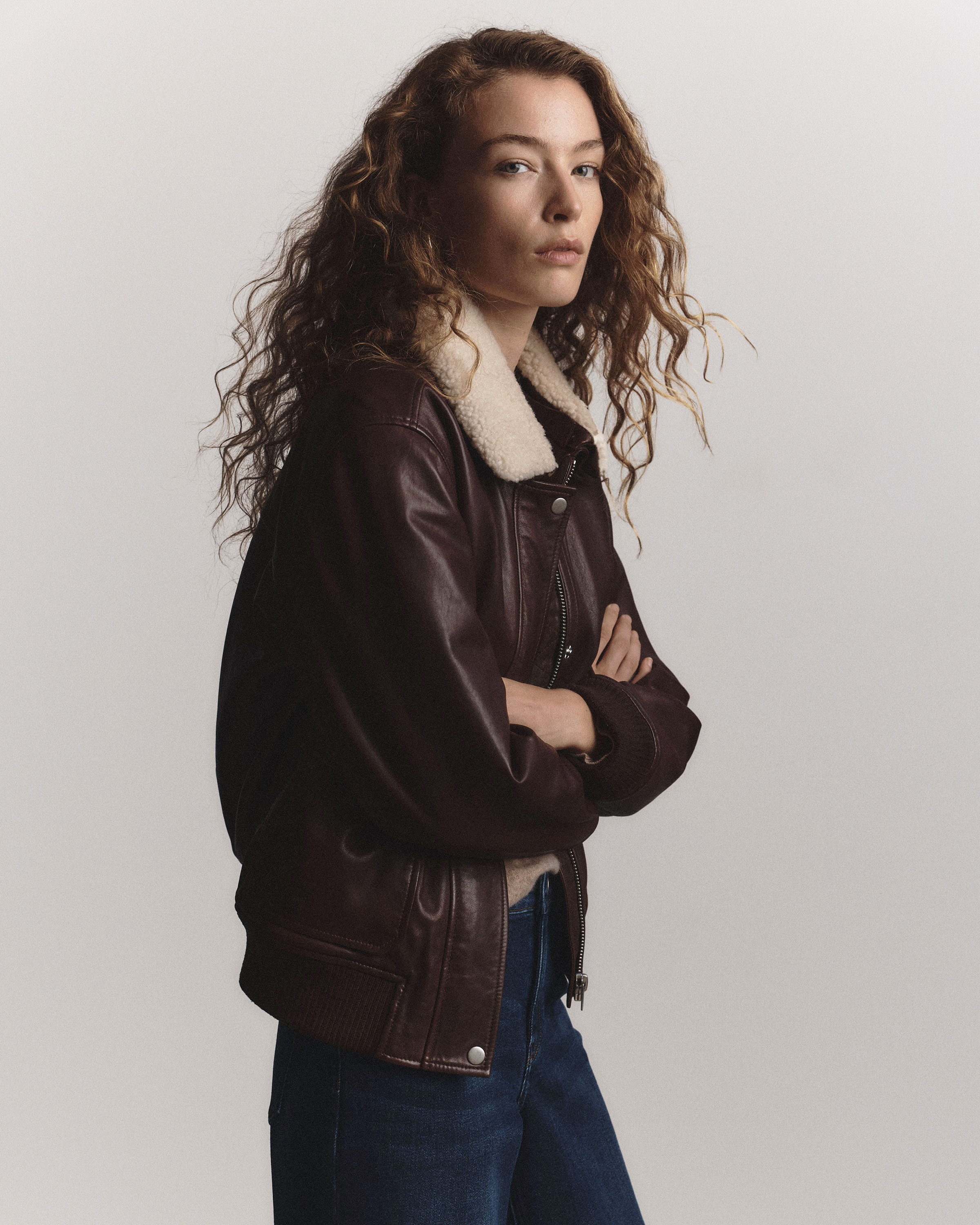 100% Leather Shearling Trim Aviator Jacket