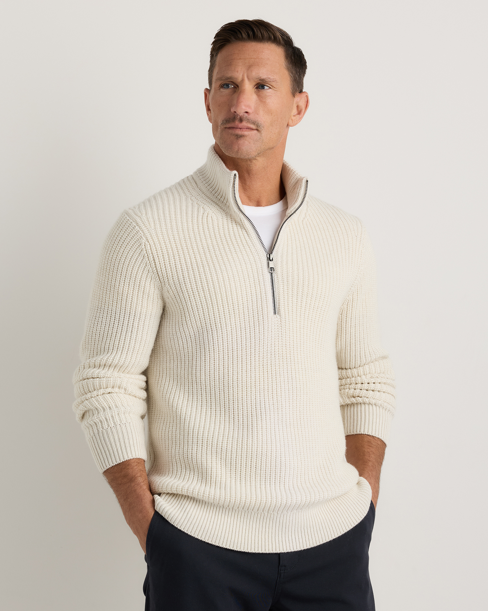 Heather Bone Australian Merino Wool Half Zip Sweater