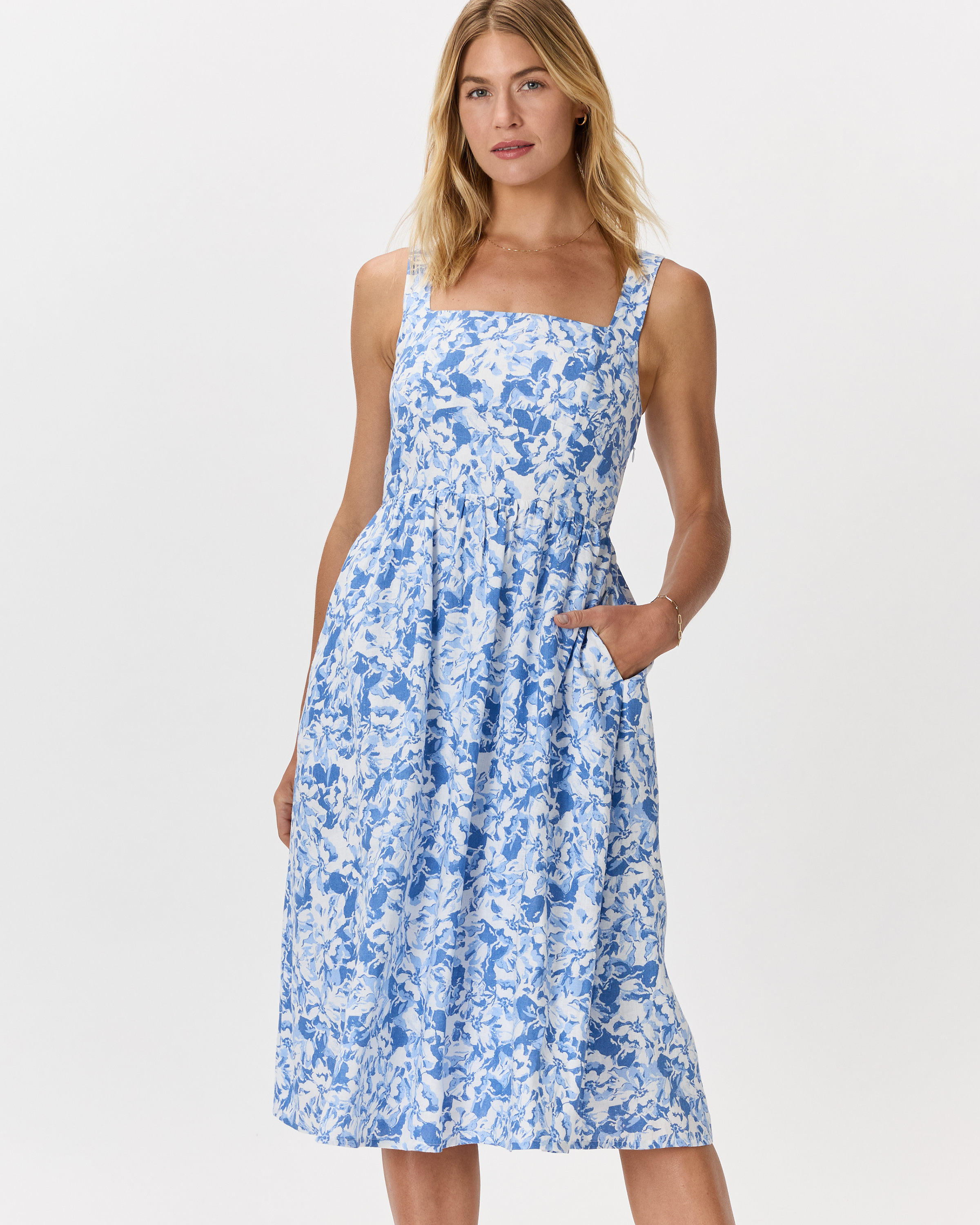 Floral Waterfall 100% European Linen Fit & Flare Midi Dress