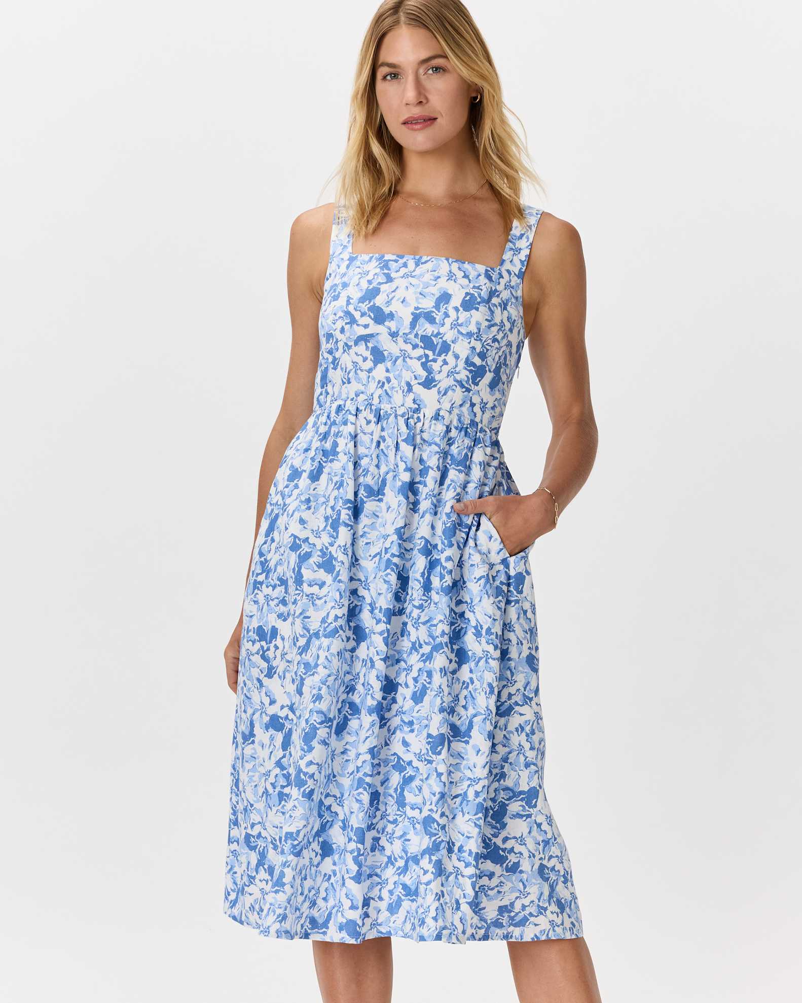 100% European Linen Fit & Flare Midi Dress in Floral Waterfall 100% European Linen Fit & Flare Midi Dress in Floral Waterfall