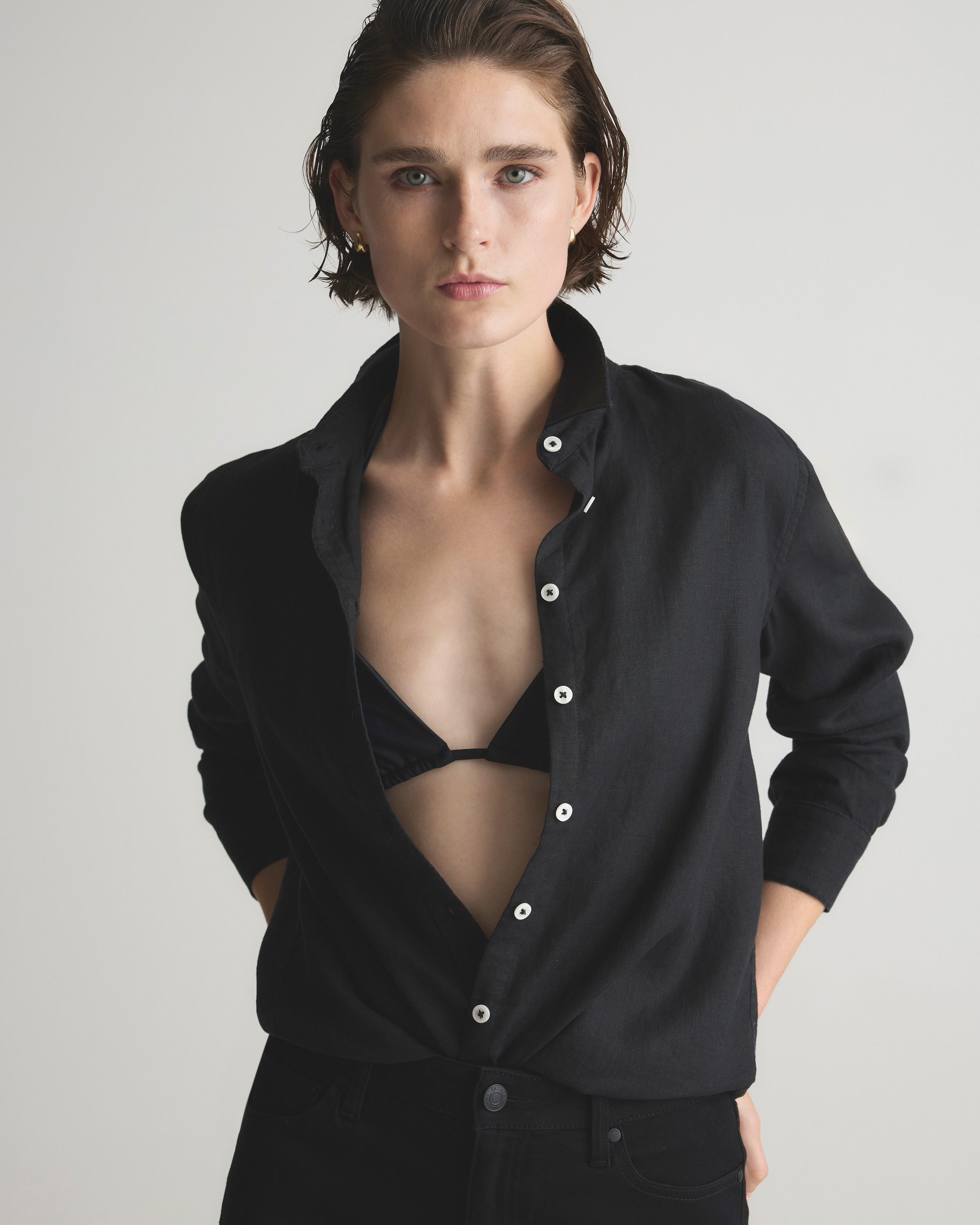 Black 100% European Linen Long Sleeve Shirt