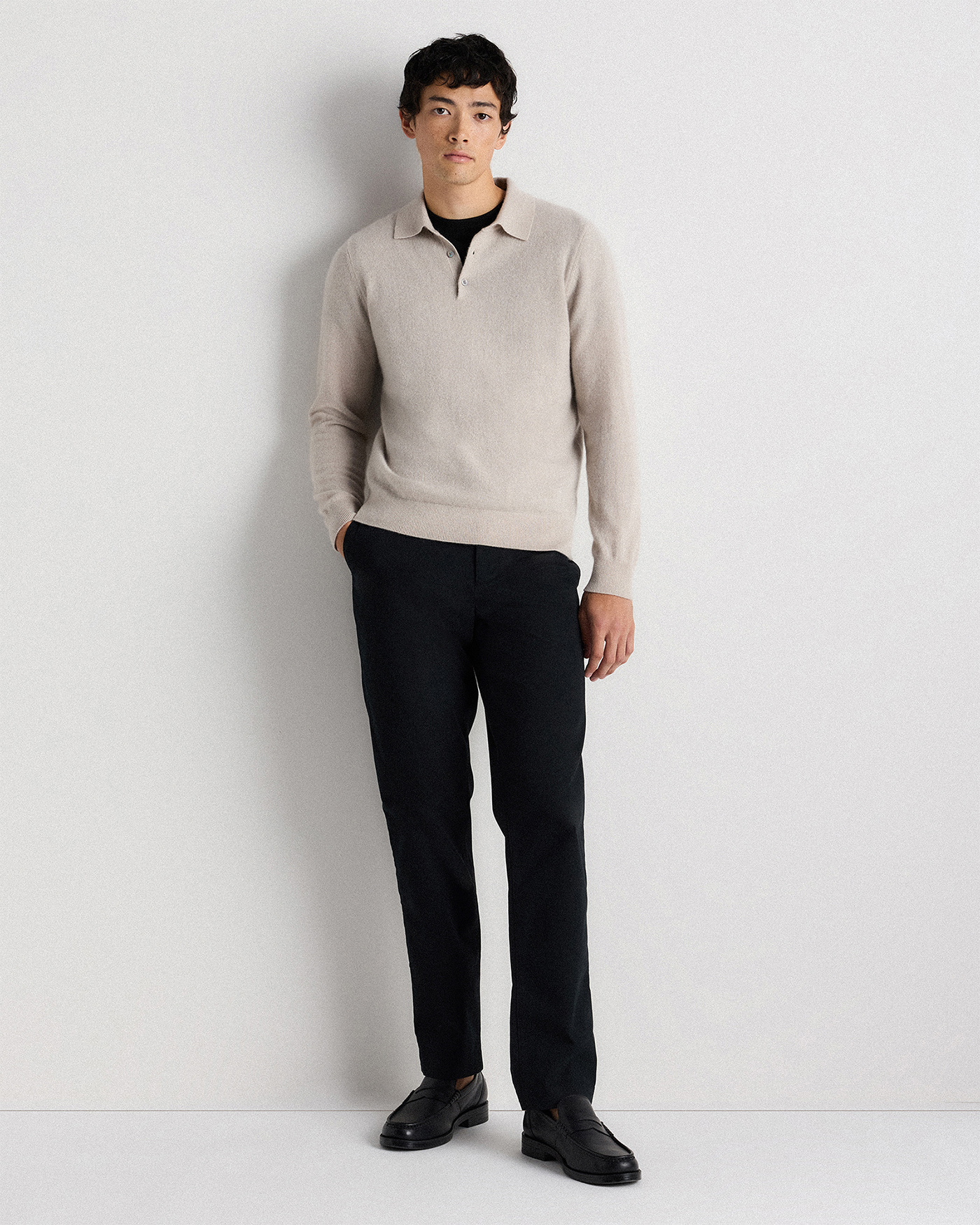 Mongolian Cashmere Polo Sweater in Heather Cloud Beige