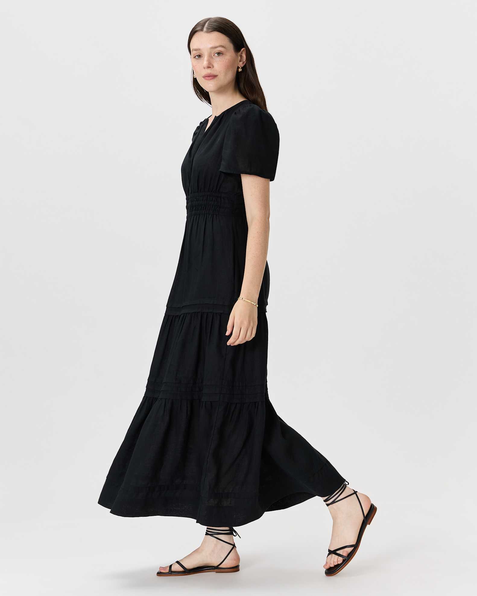 Quince Women's Maxi Dress in Black, Size Large - 100% European Linen, Tiered Design, V-Neck, Short Sleeves, Sustainable & Pocketed Quince Women's Maxi Dress in Black, Size Large - 100% European Linen, Tiered Design, V-Neck, Short Sleeves, Sustainable & Pocketed