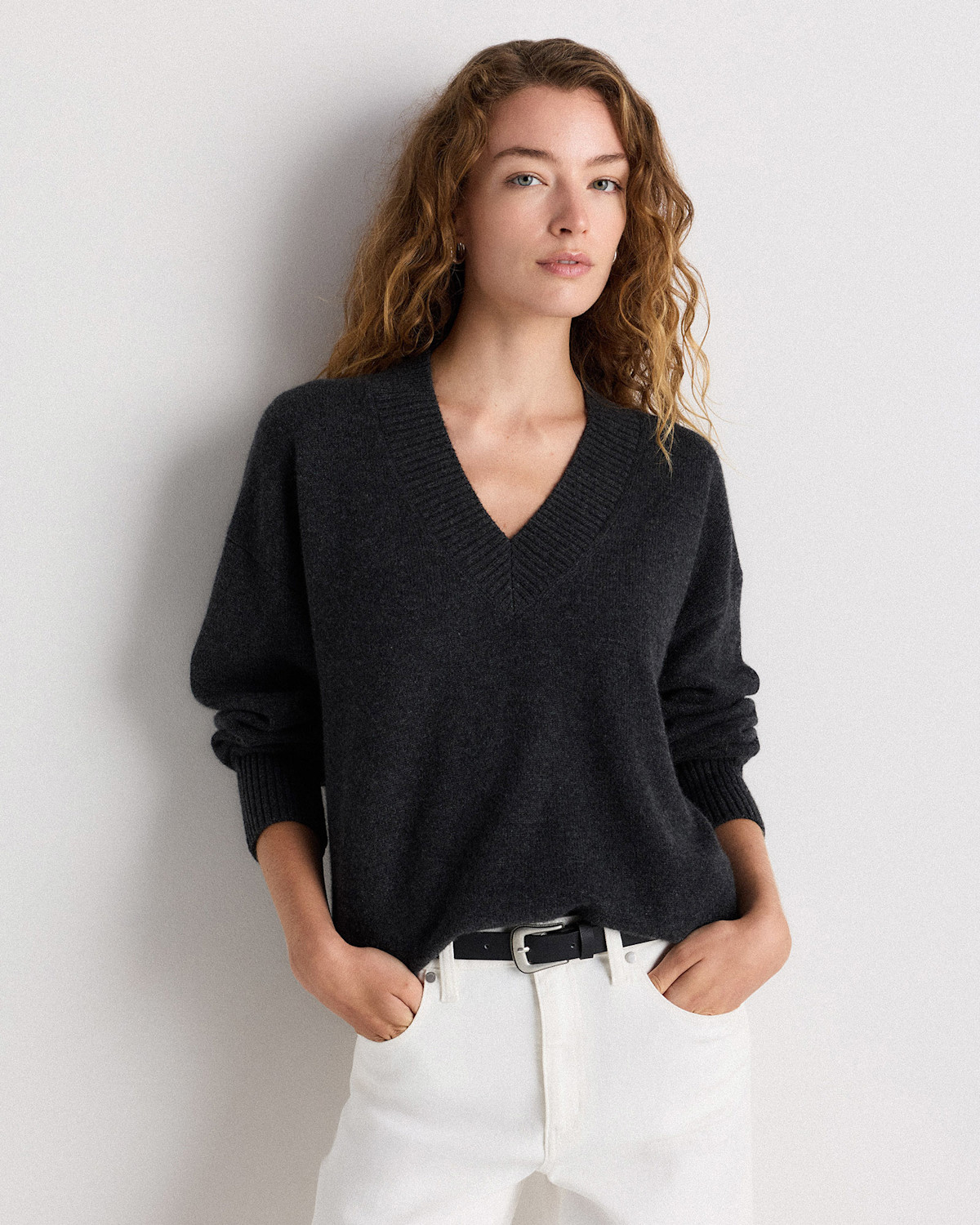 Quince Mongolian Cashmere Oversized V-Neck Sweater in Heather Charcoal