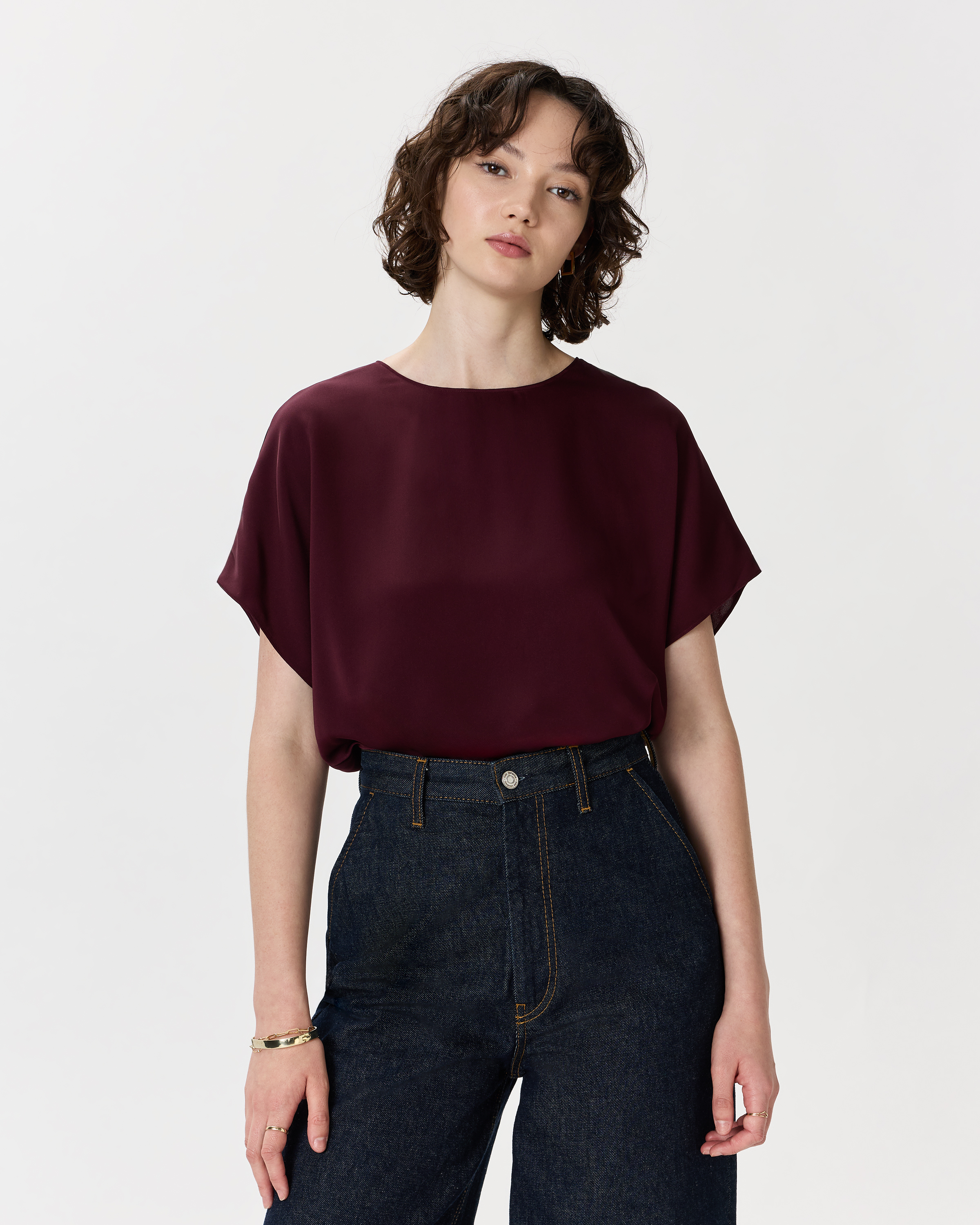 Wine Tasting Red Washable Stretch Silk Split Hem Tee