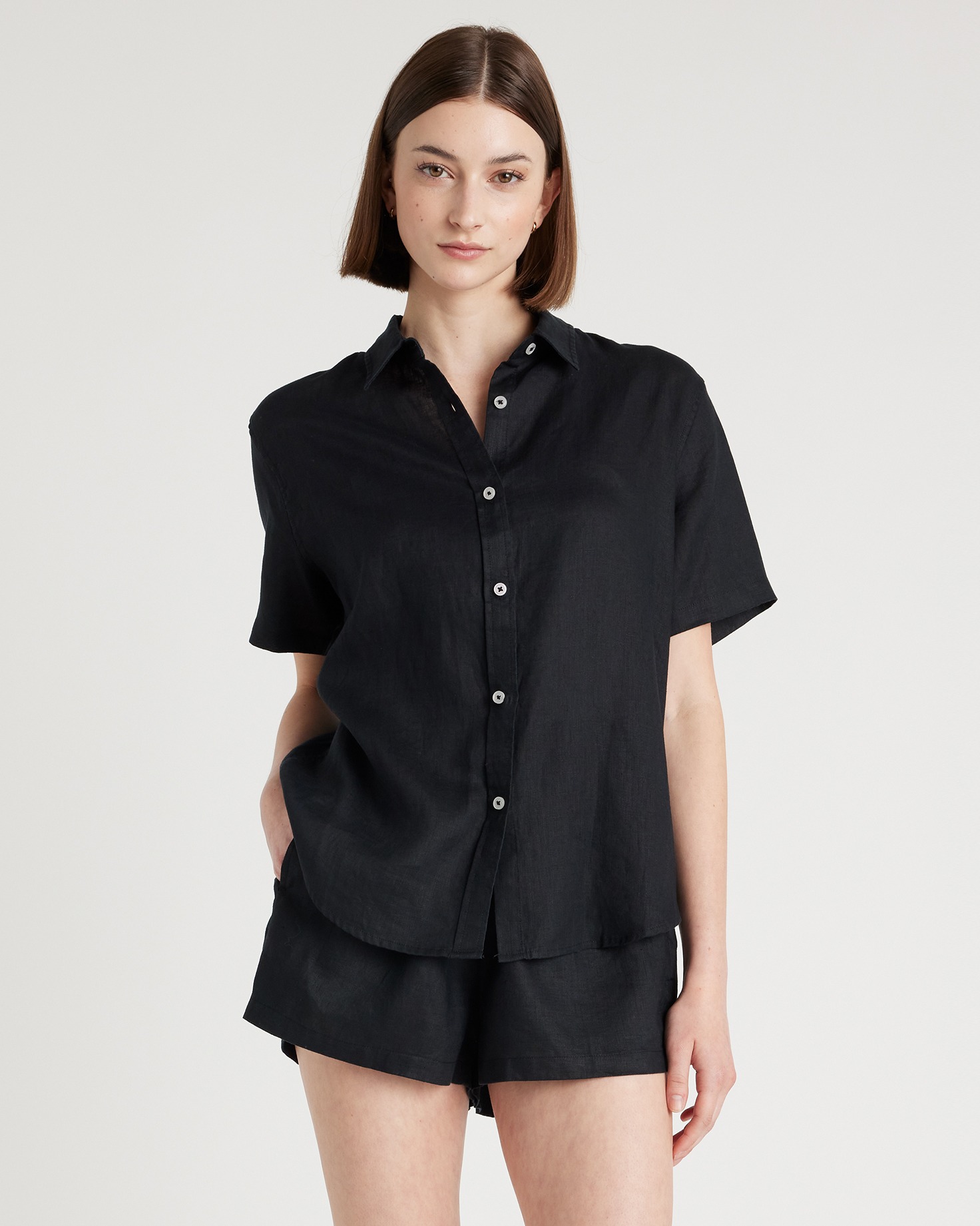 Black 100% European Linen Shorts Pajama Set