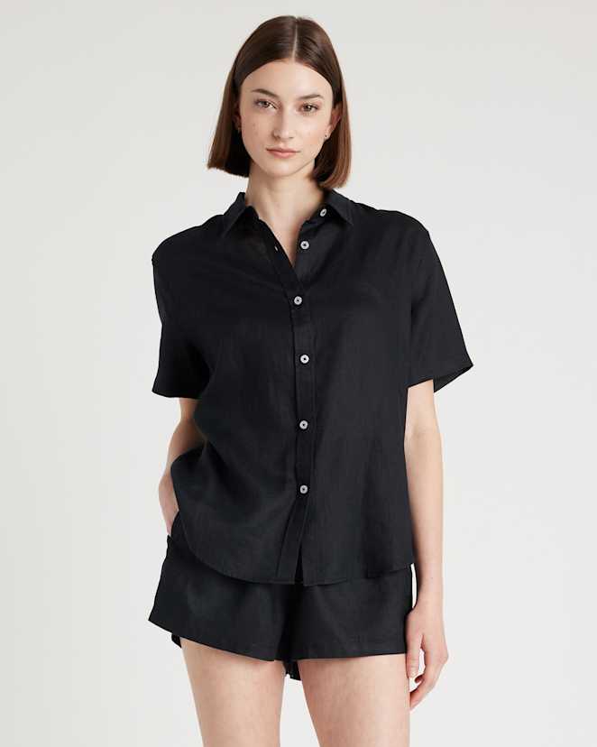 Black 100% European Linen Shorts Pajama Set
