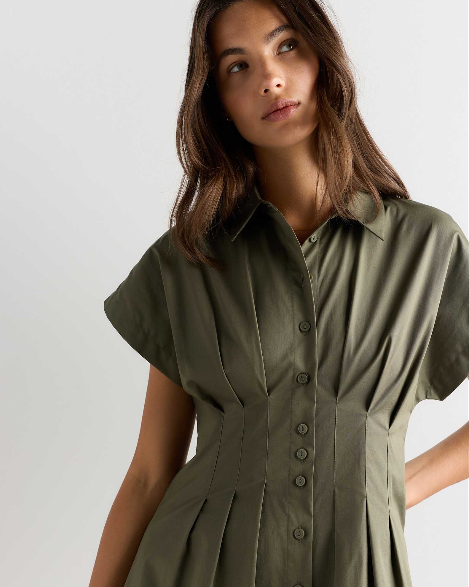 Women's Stretch Twill Pleated Midi Shirt Dress Women's Stretch Twill Pleated Midi Shirt Dress