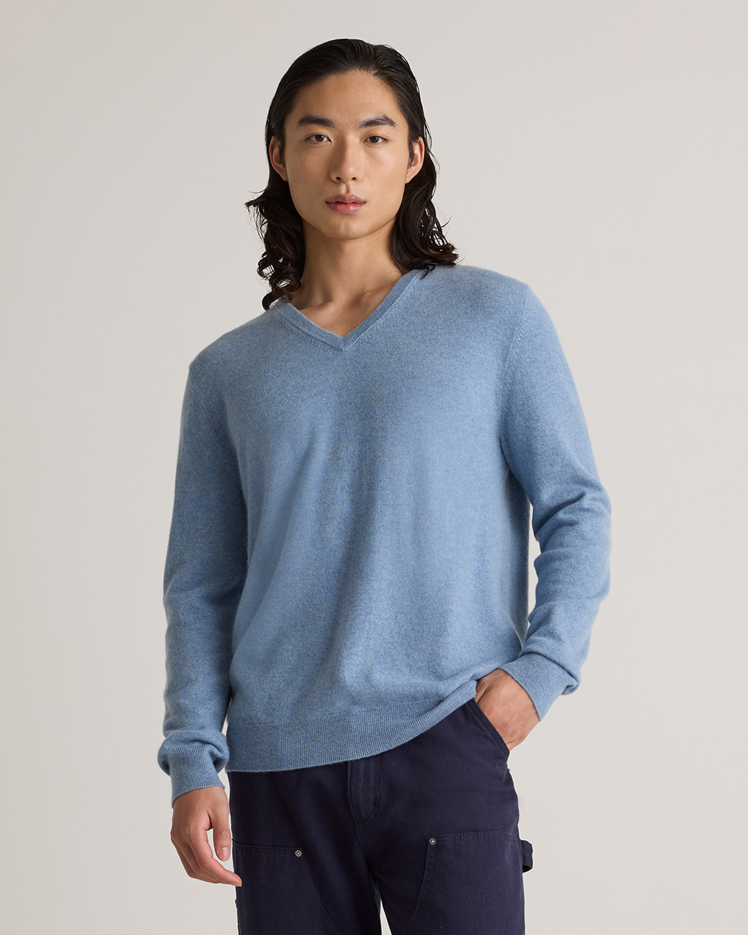 Faded Denim Mongolian Cashmere V-Neck Sweater