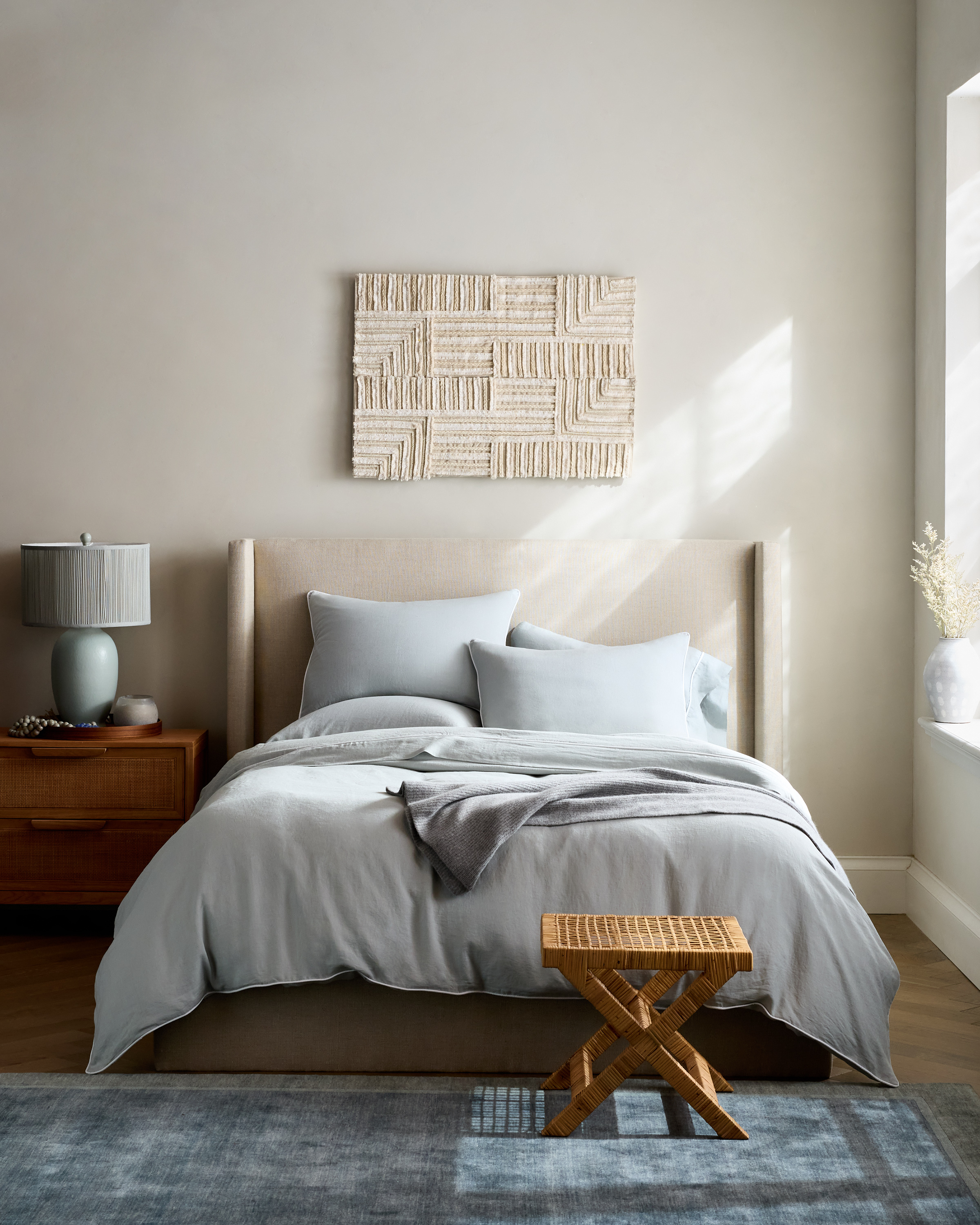 Mist/White European Linen Piped Duvet Cover Set 