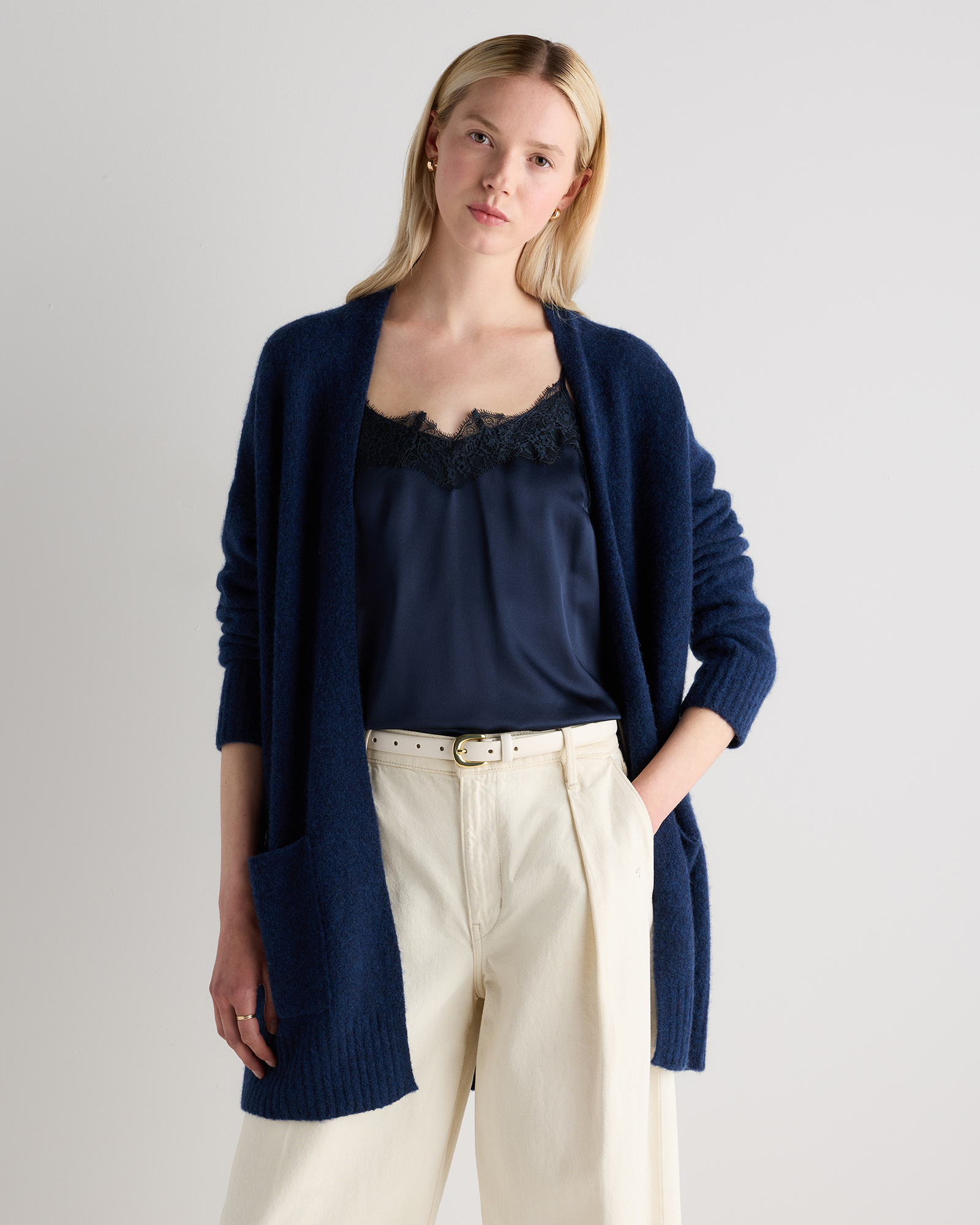 Soft Navy Cashmere Silk Boucle Open Cardigan