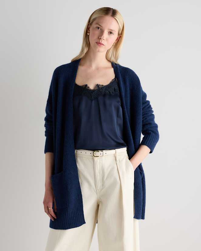 Soft Navy Cashmere Silk Boucle Open Cardigan
