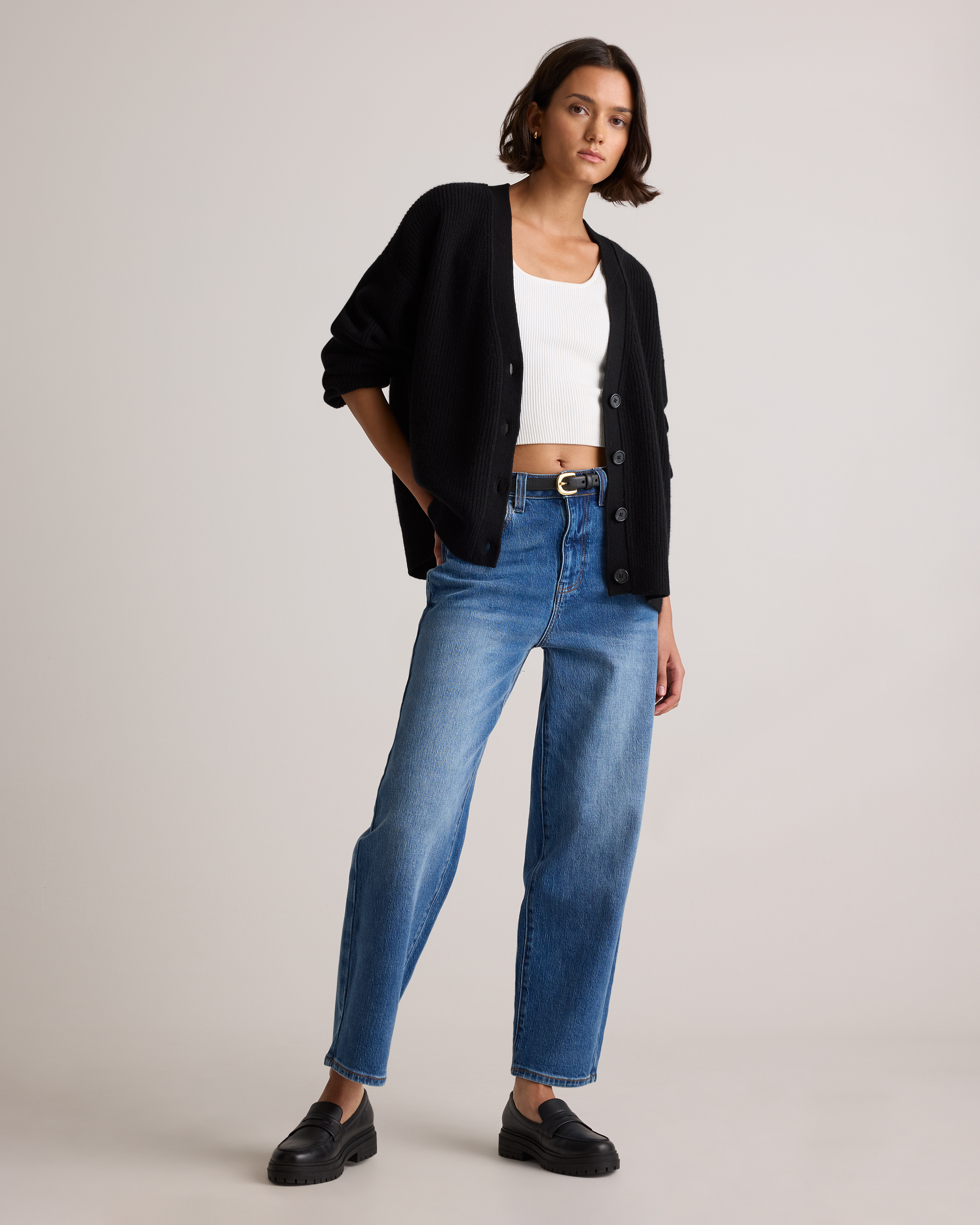 Mongolian Cashmere Fisherman Cropped Boxy Cardigan Sweater in Black