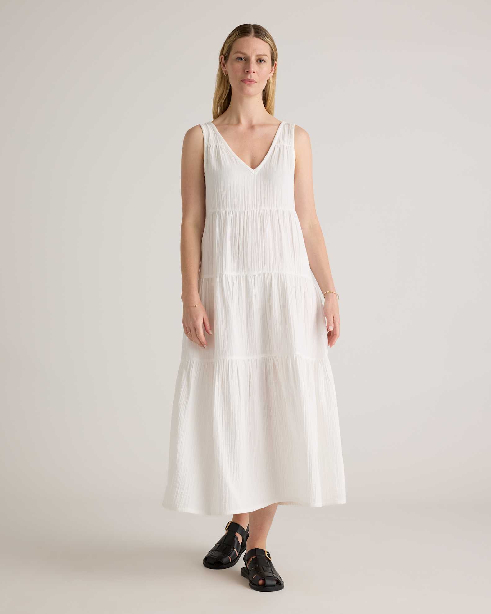 100% Organic Cotton Gauze Tiered Maxi Dress in White 100% Organic Cotton Gauze Tiered Maxi Dress in White