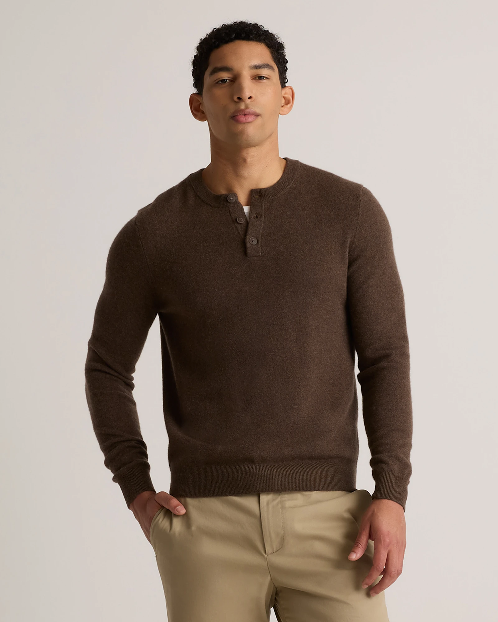 Mongolian Cashmere Henley Sweater in Brown