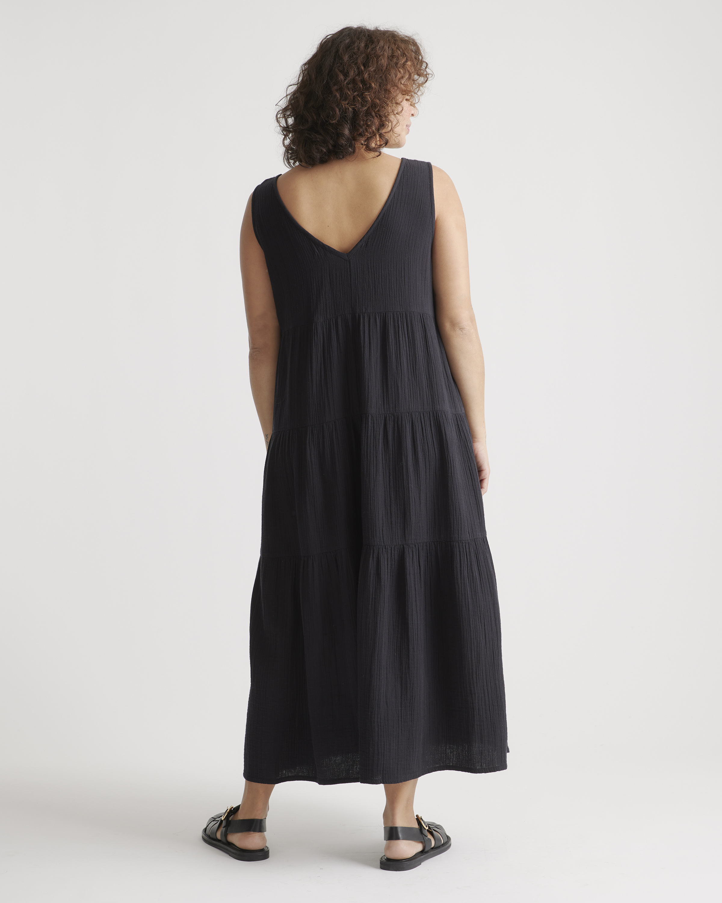 Quince Women's Organic Cotton Gauze Tiered Maxi Dress, V-Neck, Flowy Bodice, Black, Size Small