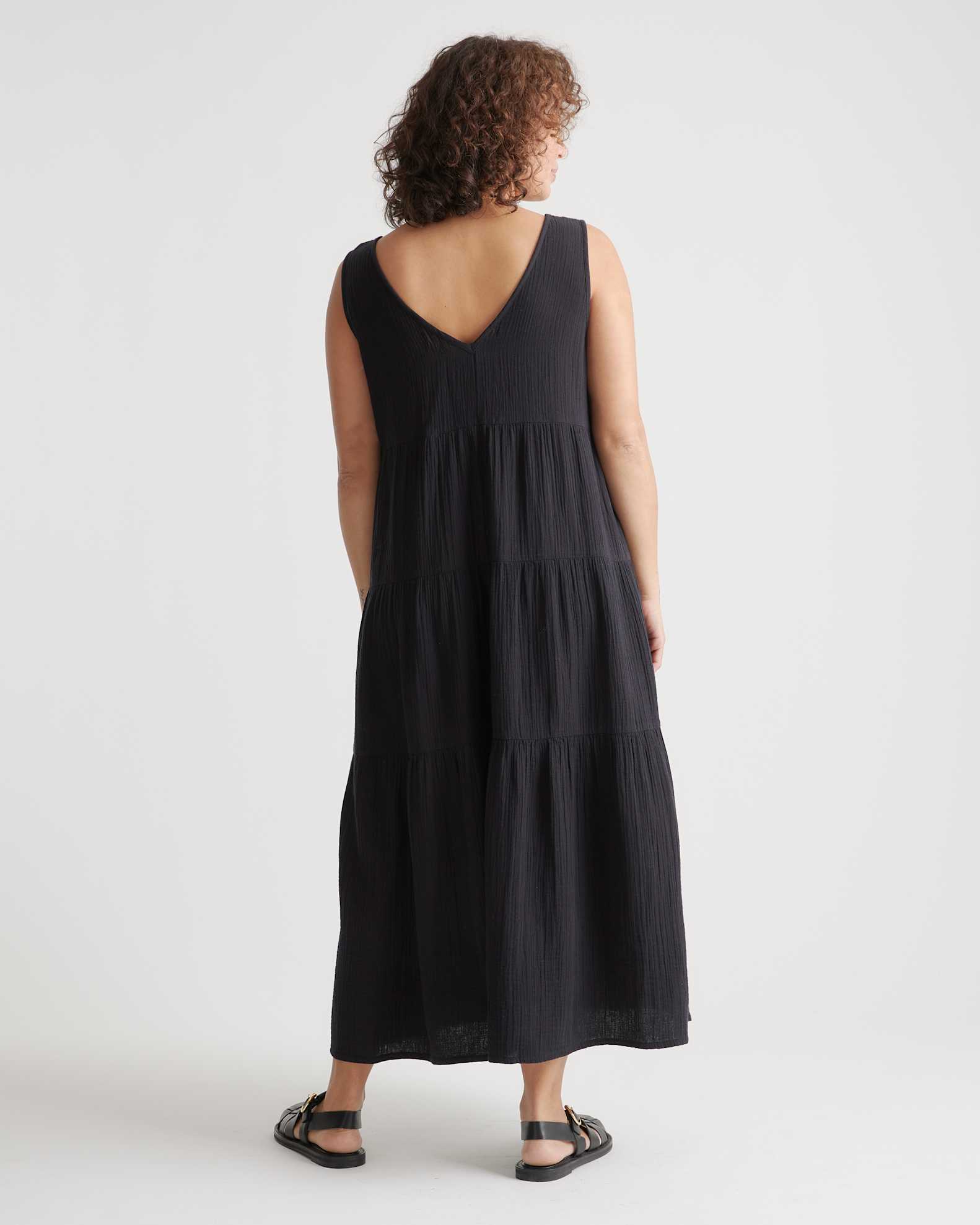 100% Organic Cotton Gauze Tiered Maxi Dress in Black 100% Organic Cotton Gauze Tiered Maxi Dress in Black