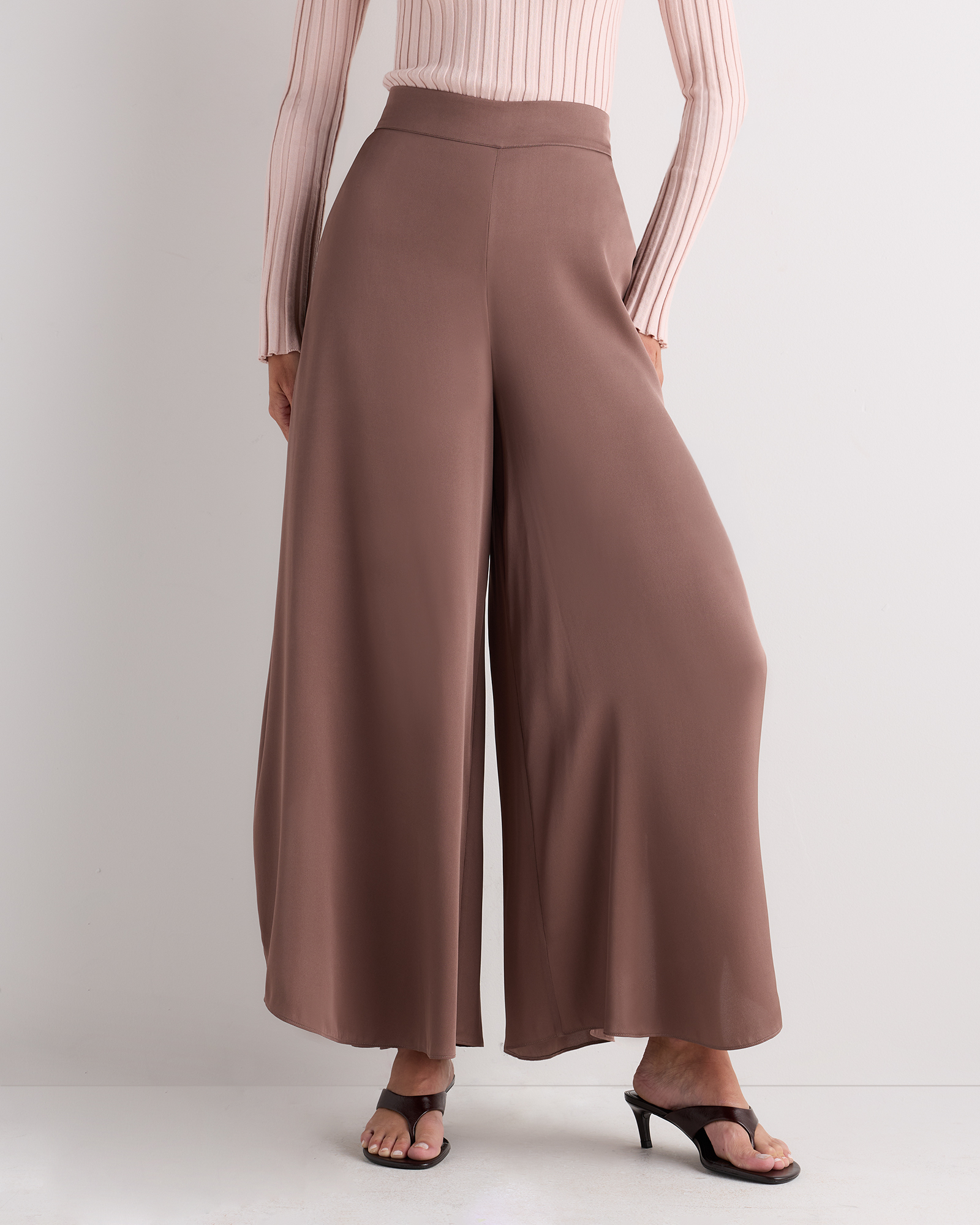 Mink Taupe Washable Stretch Silk Palazzo Pants