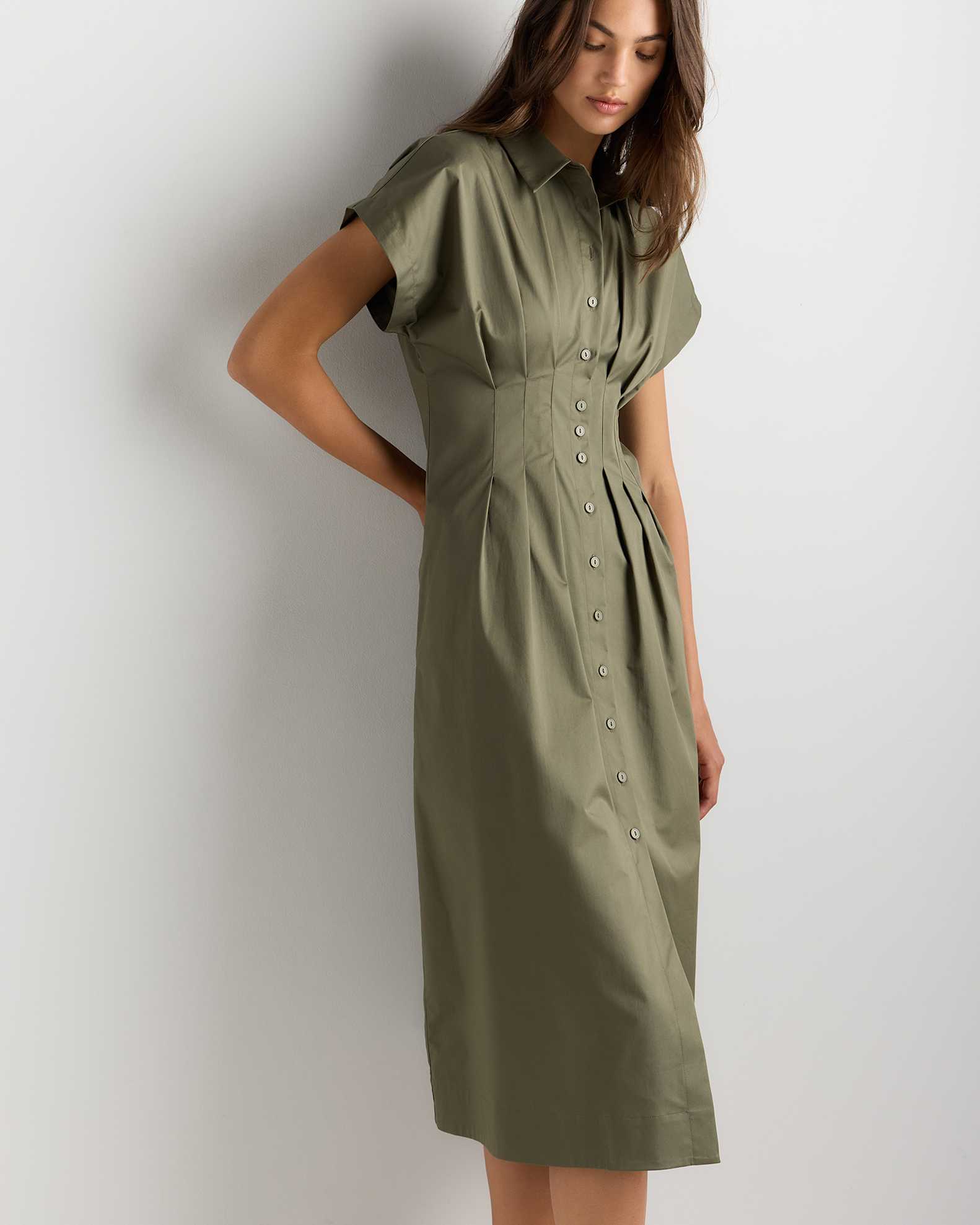Women's Stretch Twill Pleated Midi Shirt Dress Women's Stretch Twill Pleated Midi Shirt Dress