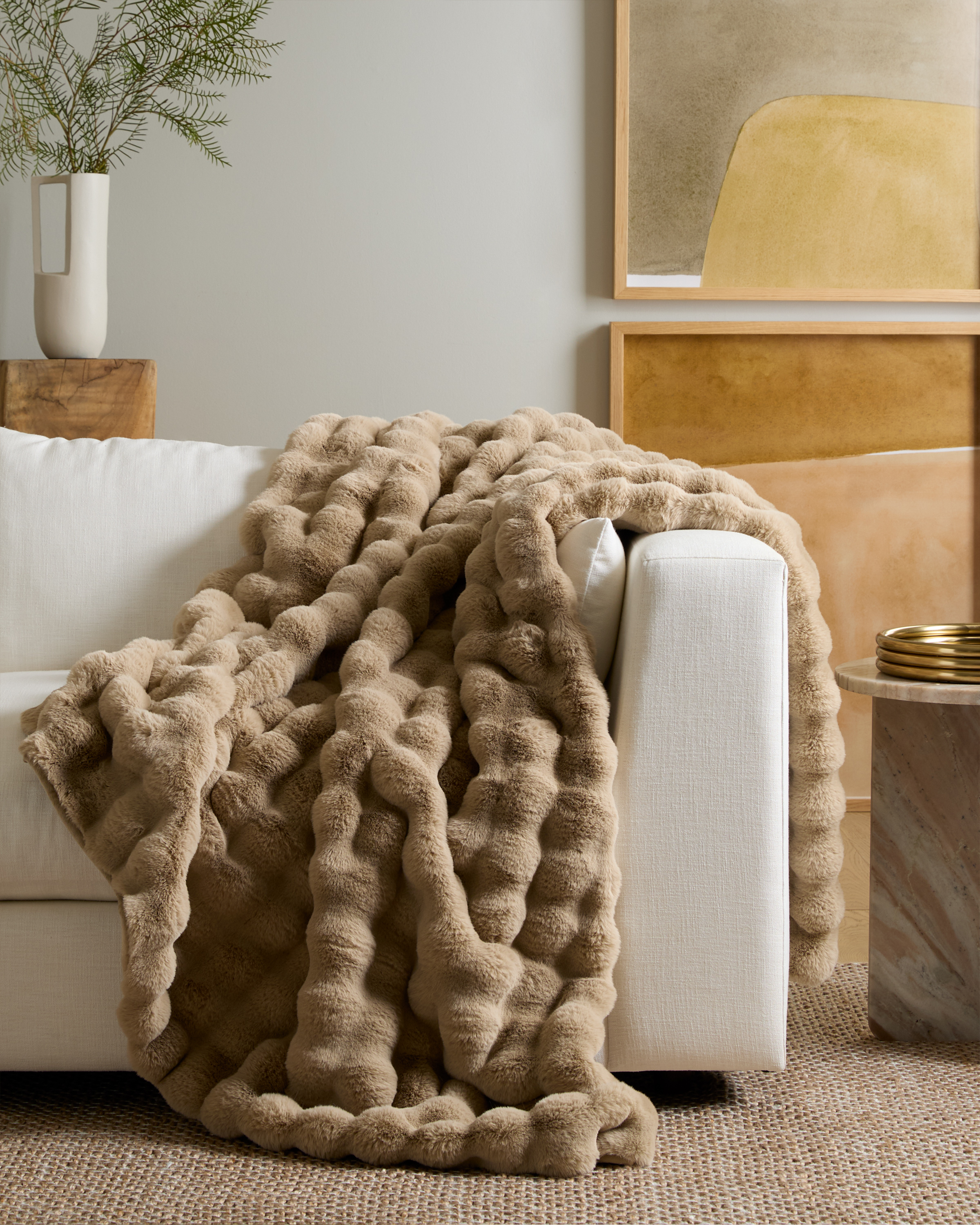 Ruched Faux Fur Throw - Mink, 50x60