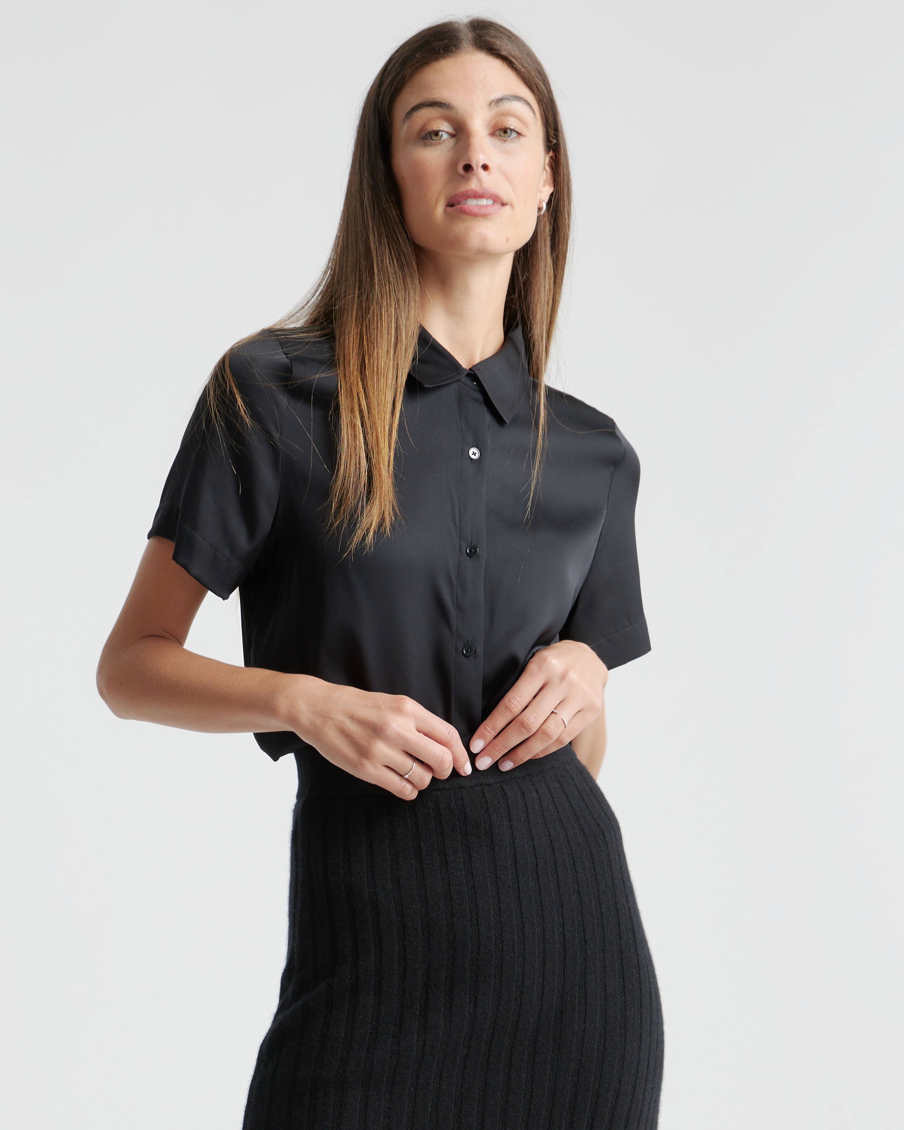 Black Washable Stretch Silk Short Sleeve Blouse