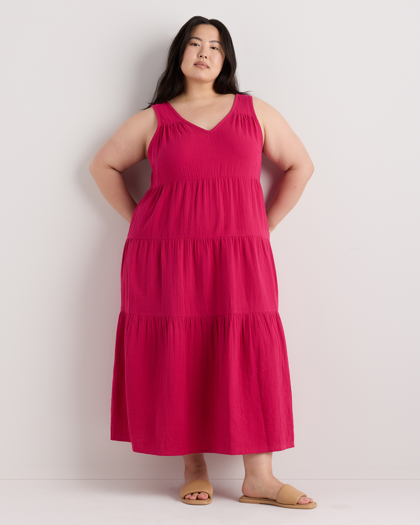 Amaranth Pink 100% Organic Cotton Gauze Tiered Maxi Dress