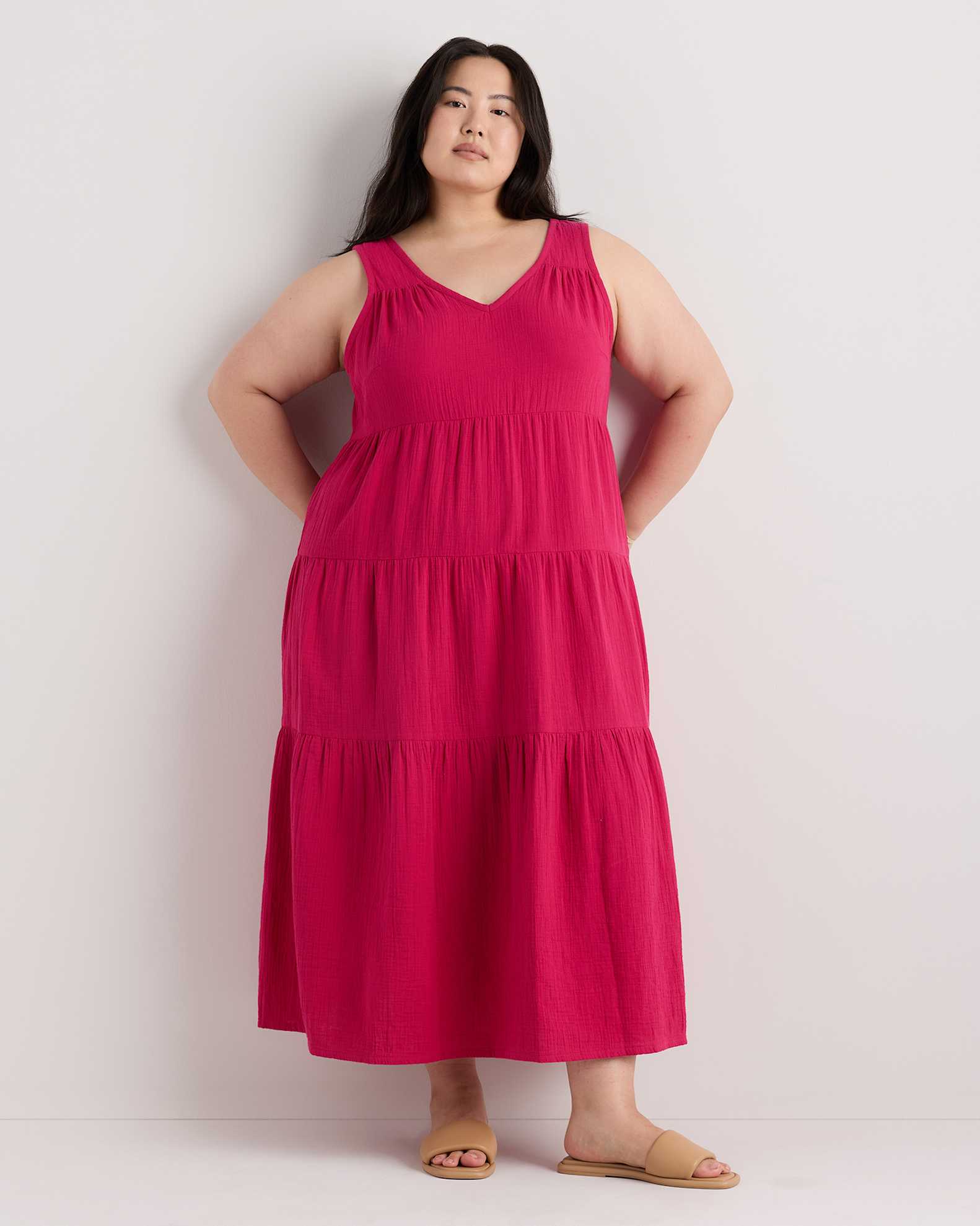 Extended Sizes 100% Organic Cotton Gauze Tiered Maxi Dress - Plus Size in Amaranth Pink Extended Sizes 100% Organic Cotton Gauze Tiered Maxi Dress - Plus Size in Amaranth Pink