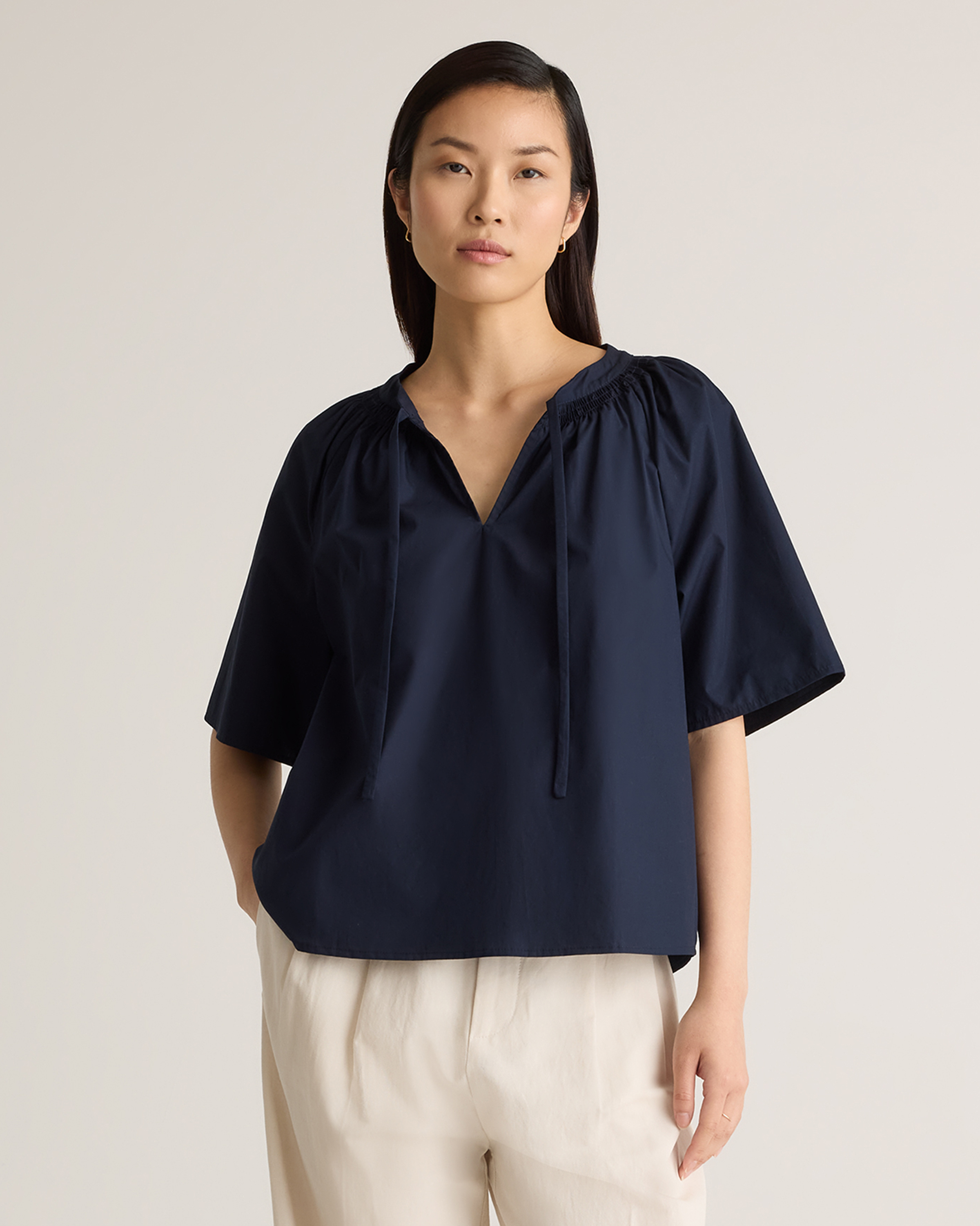 Navy Haut à encolure fendue en popeline de coton biologique à 100 %
