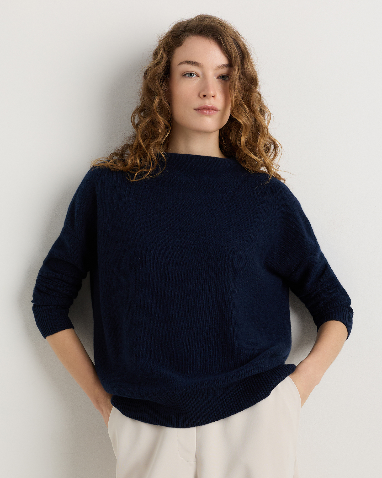 True Navy Mongolian Cashmere Funnel Neck Sweater