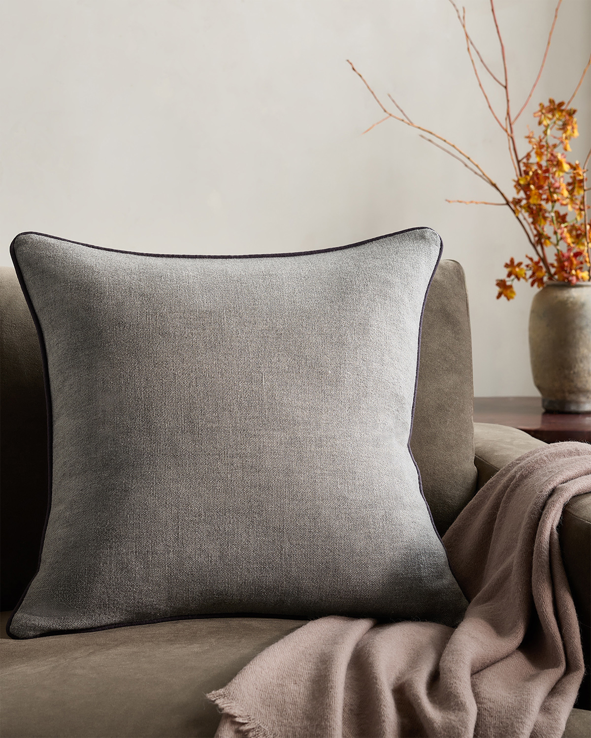 Heather Grey/Charcoal Contrast Piped Wool Pillow Cover