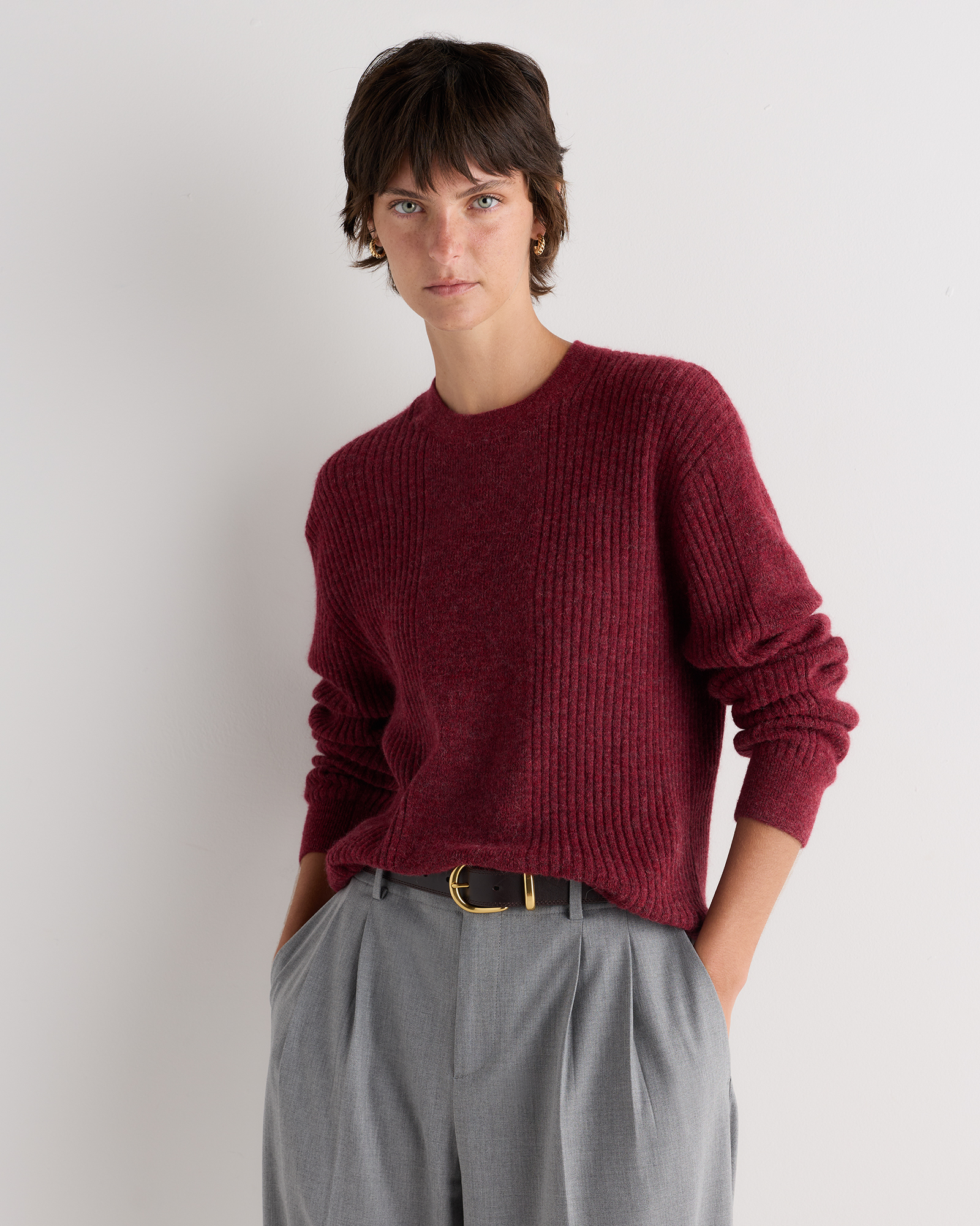 Oxblood Red Lightweight Baby Alpaca Relaxed Ribbed Crewneck