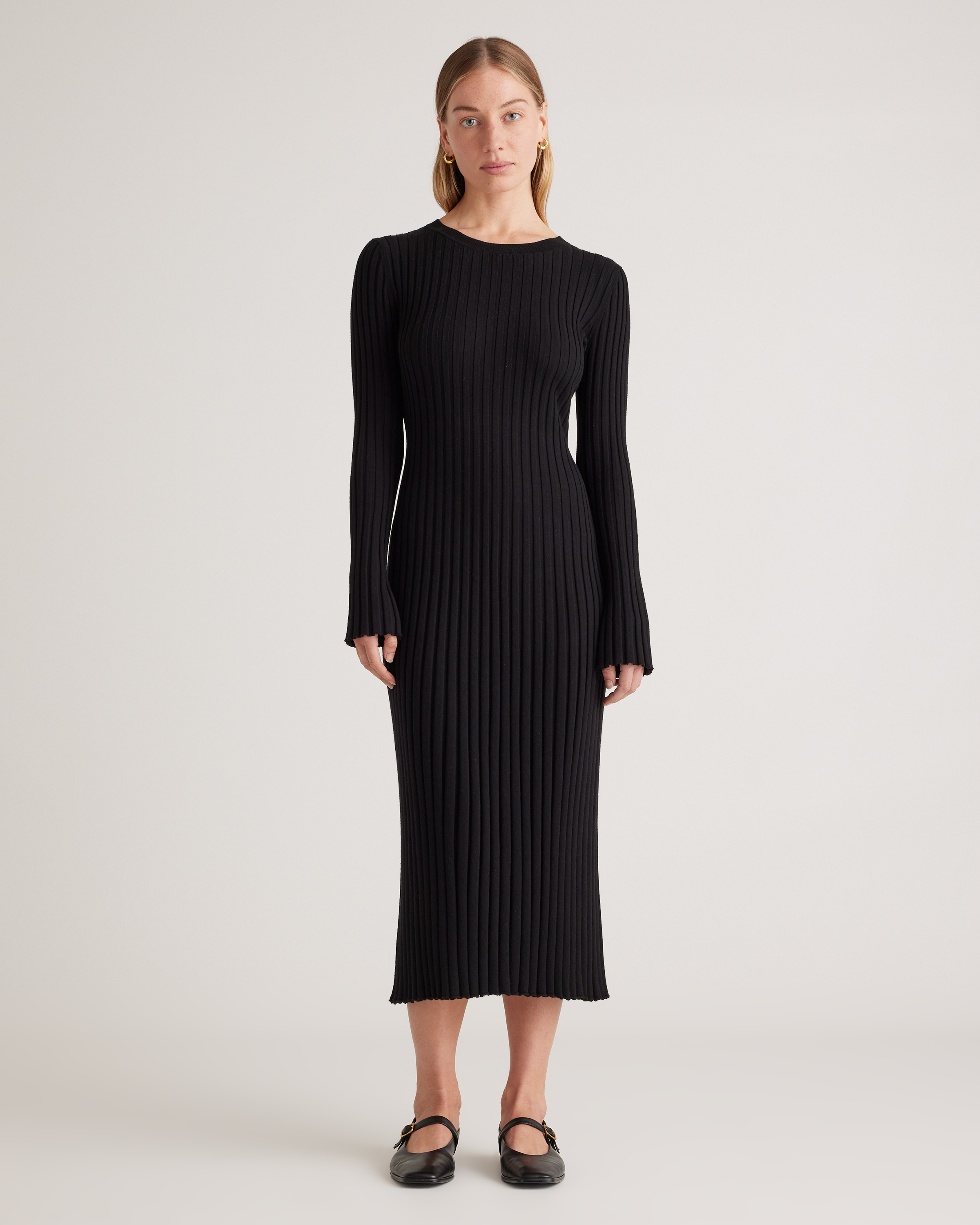Black Cotton Cashmere Ribbed Long Sleeve Crew Midi Dress