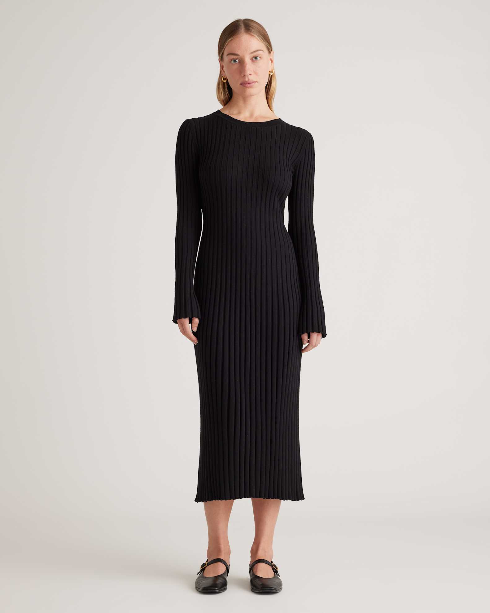 Cotton Cashmere Ribbed Long Sleeve Crew Midi Dress Cotton Cashmere Ribbed Long Sleeve Crew Midi Dress
