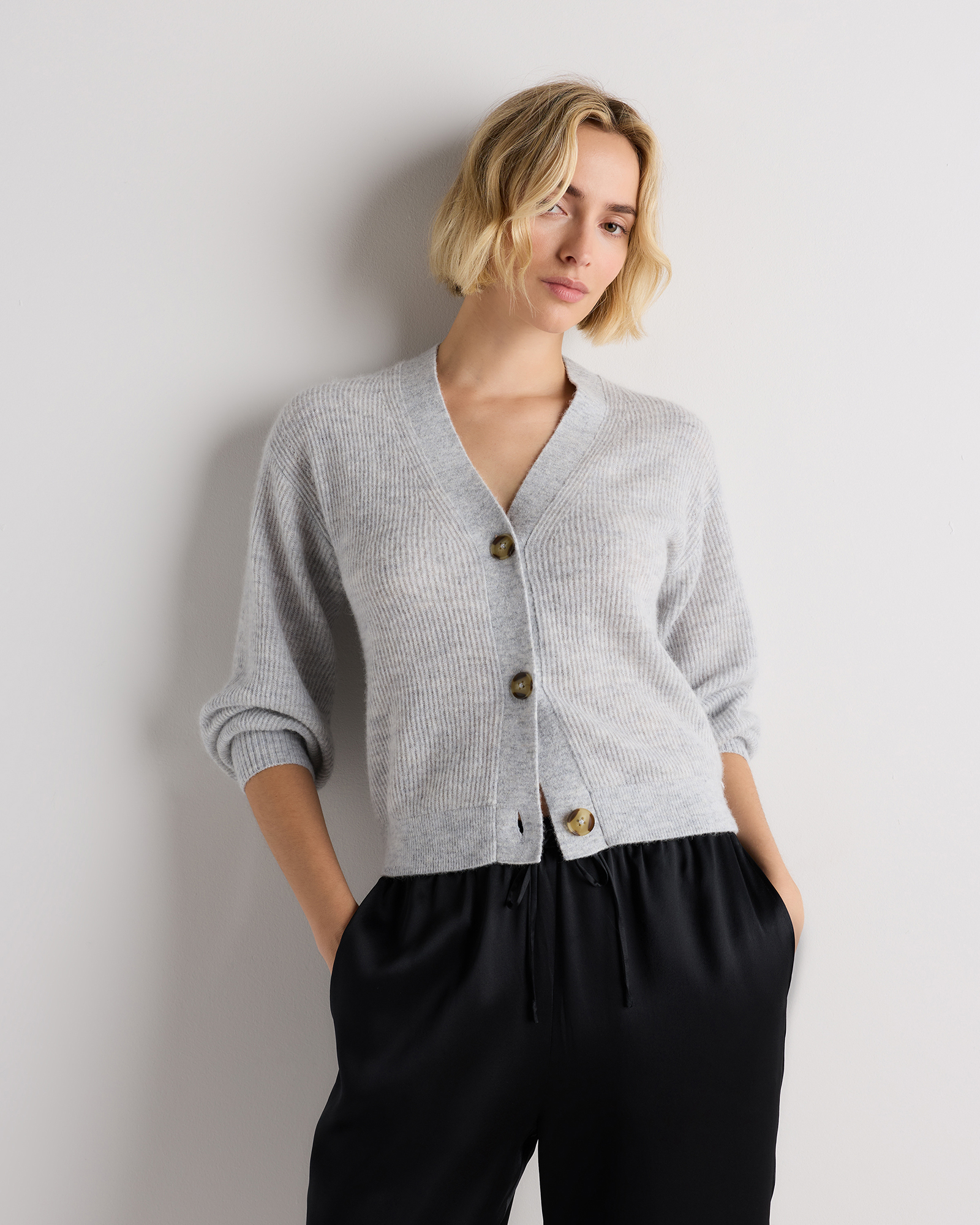 Mist Grey Lightweight Baby Alpaca Cropped V-Neck Cardigan