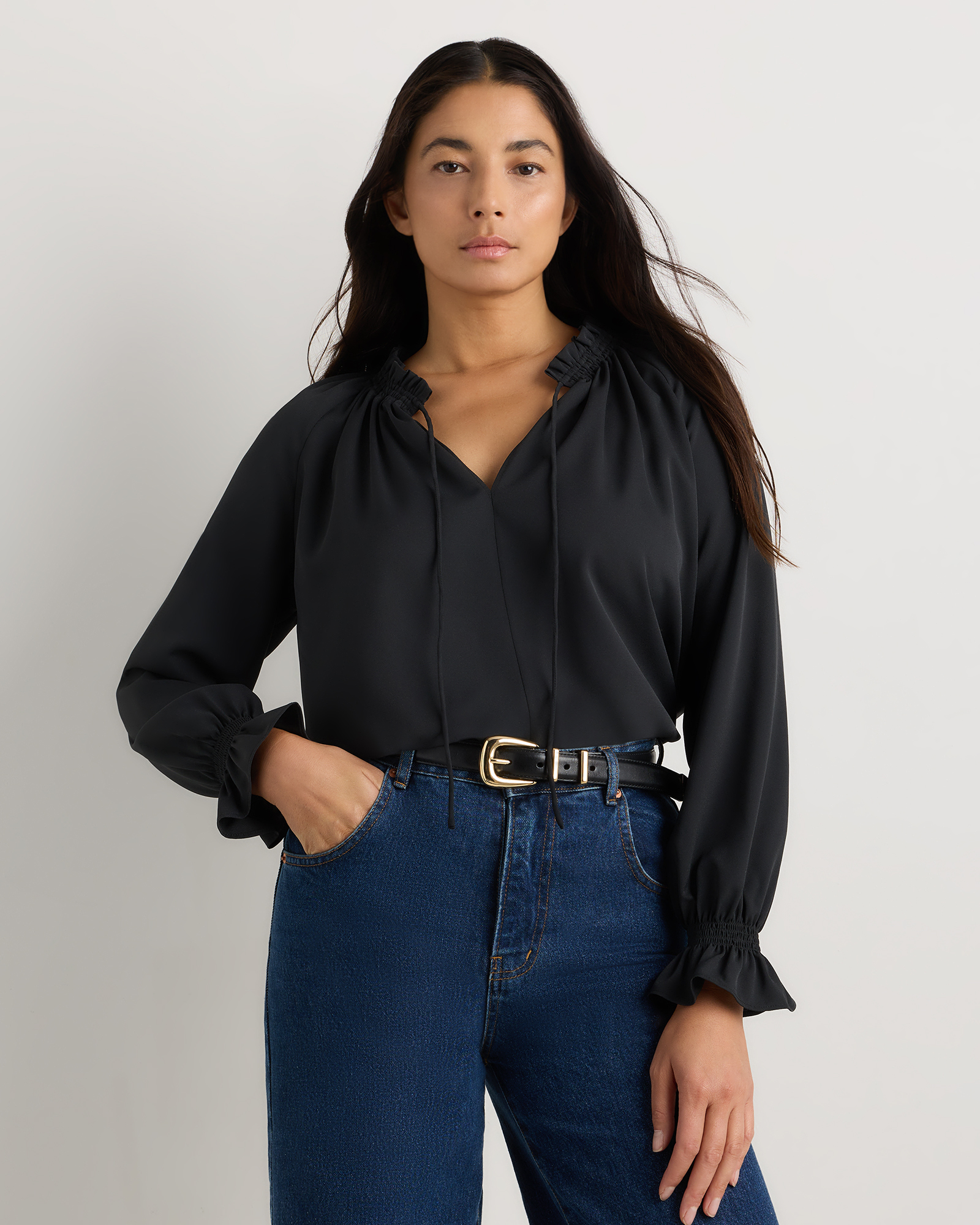 True Black Drapey Chiffon Split Neck Long Sleeve Blouse