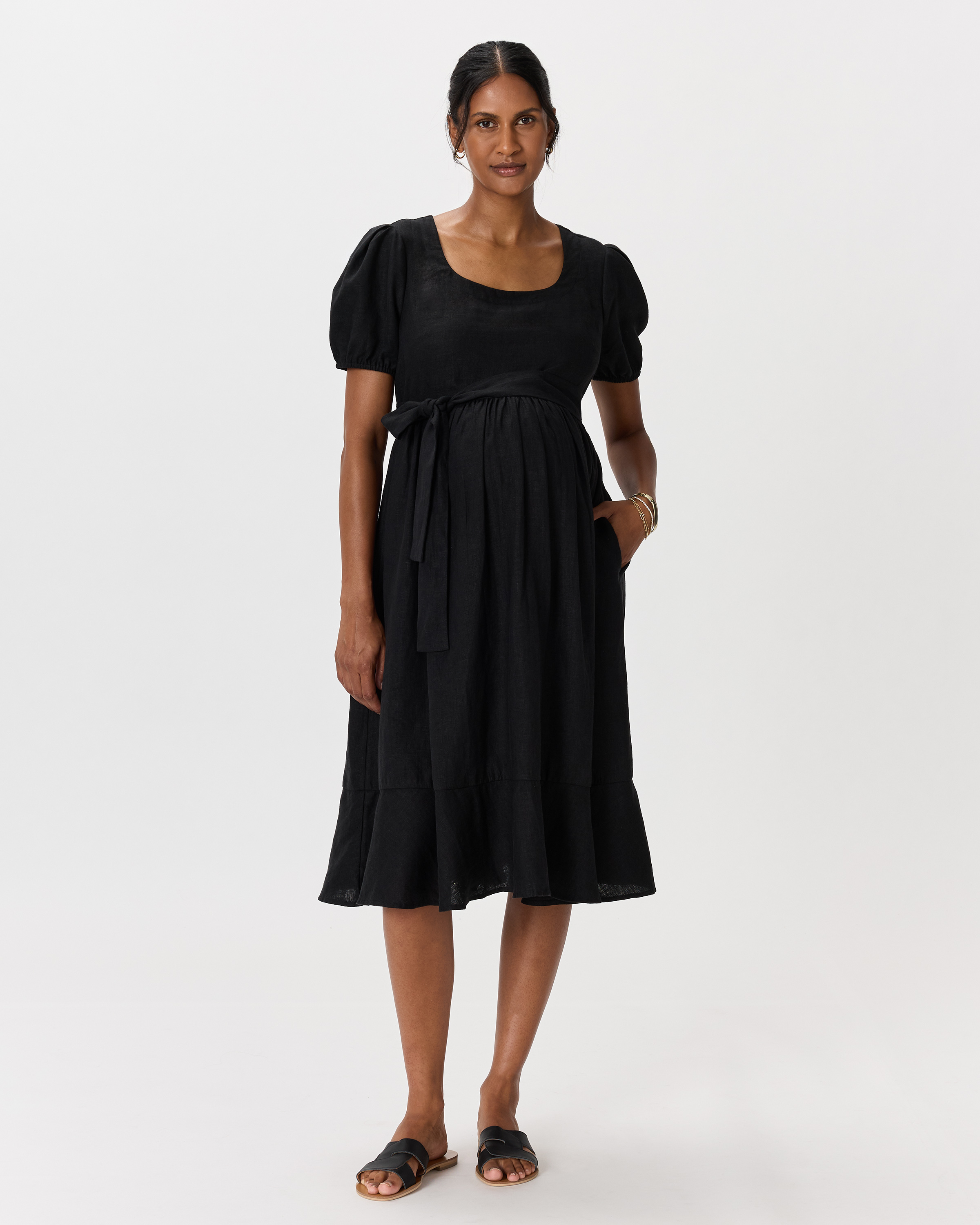Black 100% European Linen Maternity Short Sleeve Midi Dress 