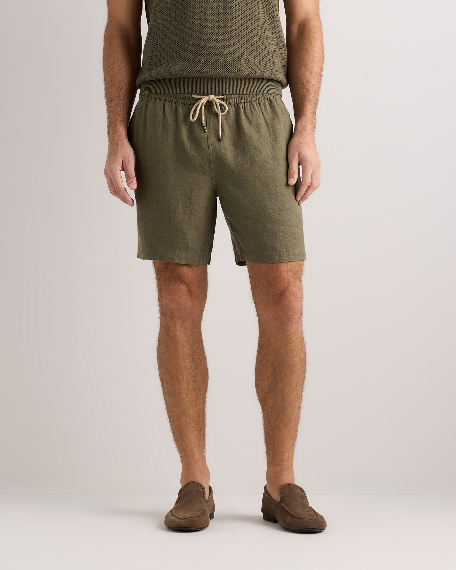 Bayberry Olive 100% European Linen Drawstring Beach Shorts - 7"