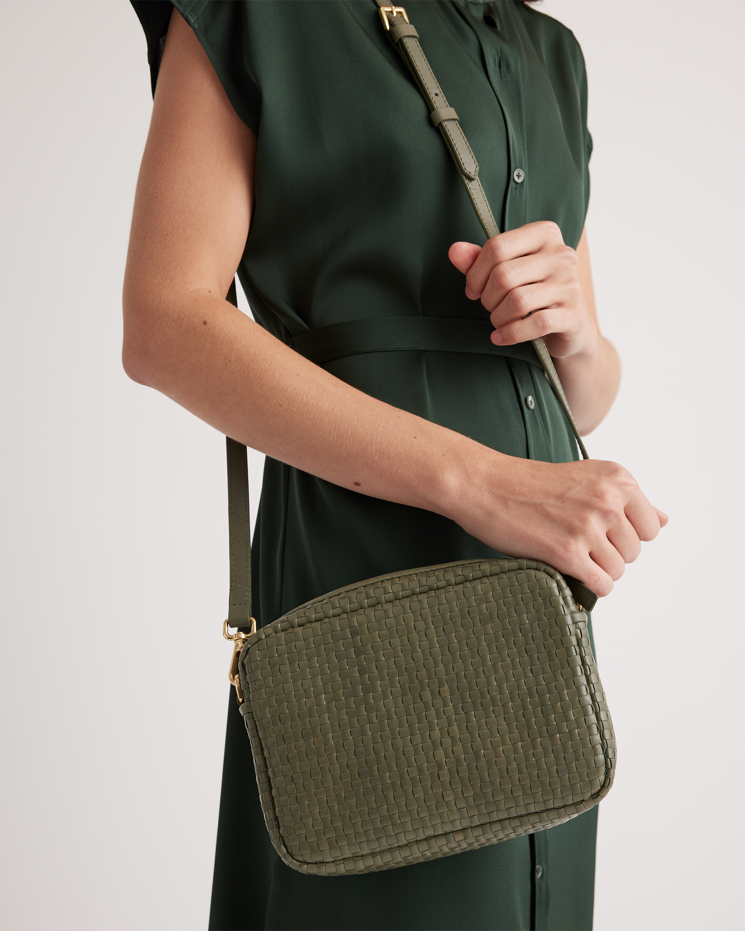 Italian Leather Woven Camera Crossbody in Olive