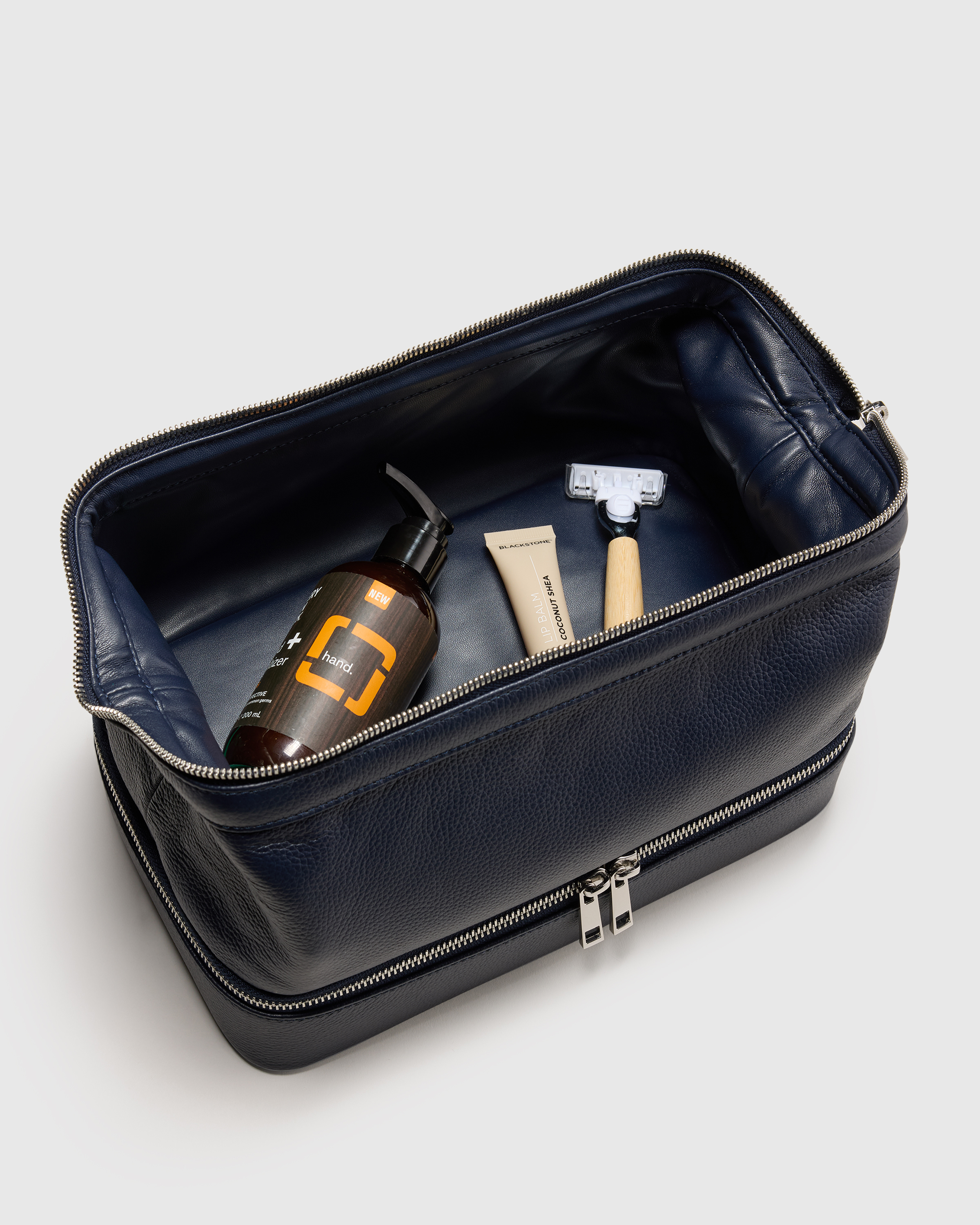 Italian Leather Dual Compartment Toiletry Bag Deep Navy INSIDE PROPS45725 EDITED