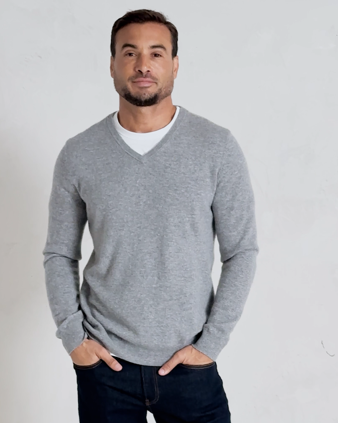 Mongolian Cashmere V-Neck Sweater Heather Grey IH 4x5