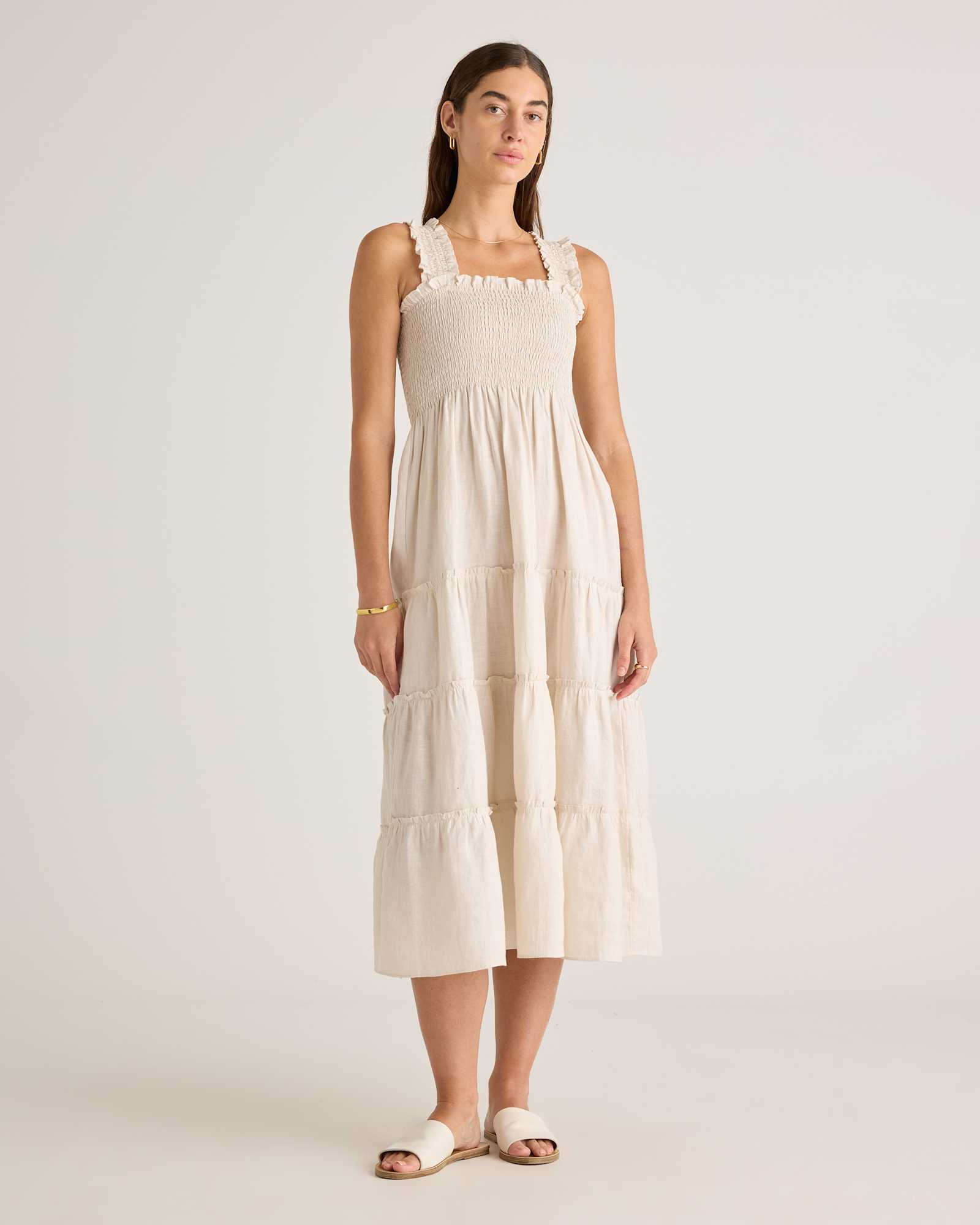 100% European Linen Smocked Midi Dress in Sand 100% European Linen Smocked Midi Dress in Sand