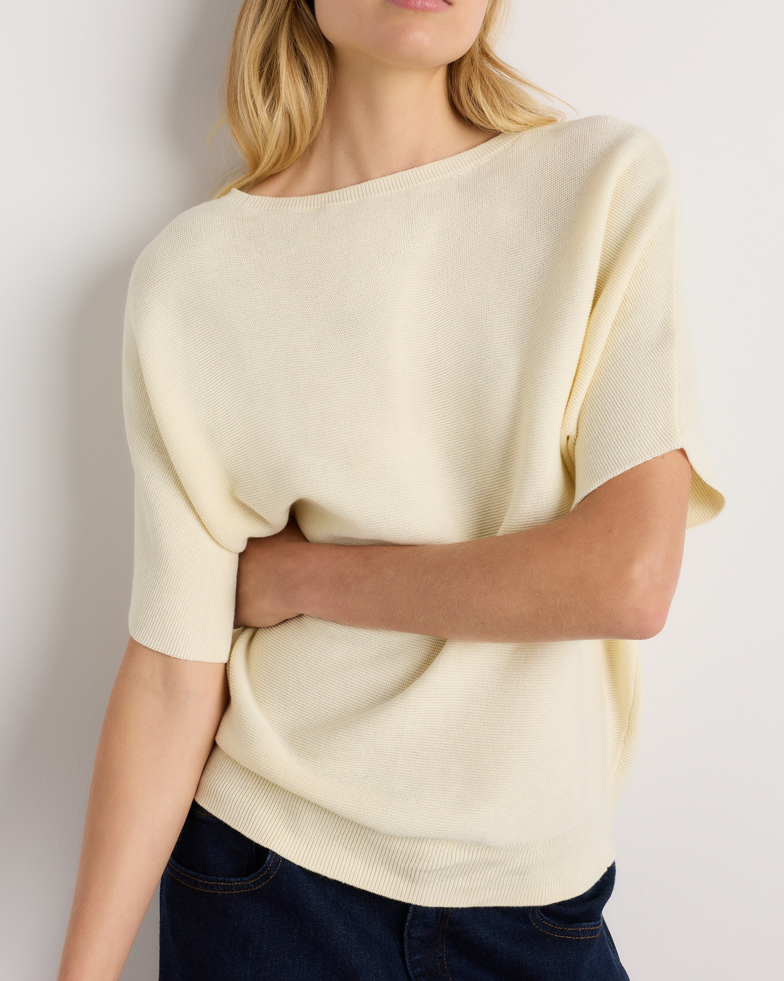 Lightweight Cotton Cashmere Link-Stitch Dolman Sweater in Pale