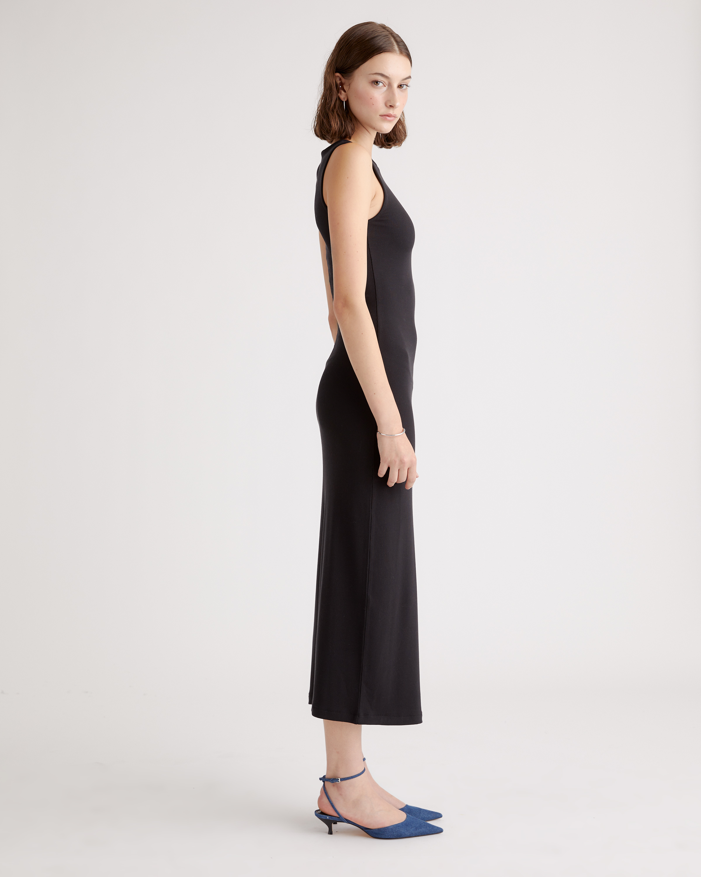 black midi dress tank Enza Costa Silk Rib Ankle Length Tank Dress in Black