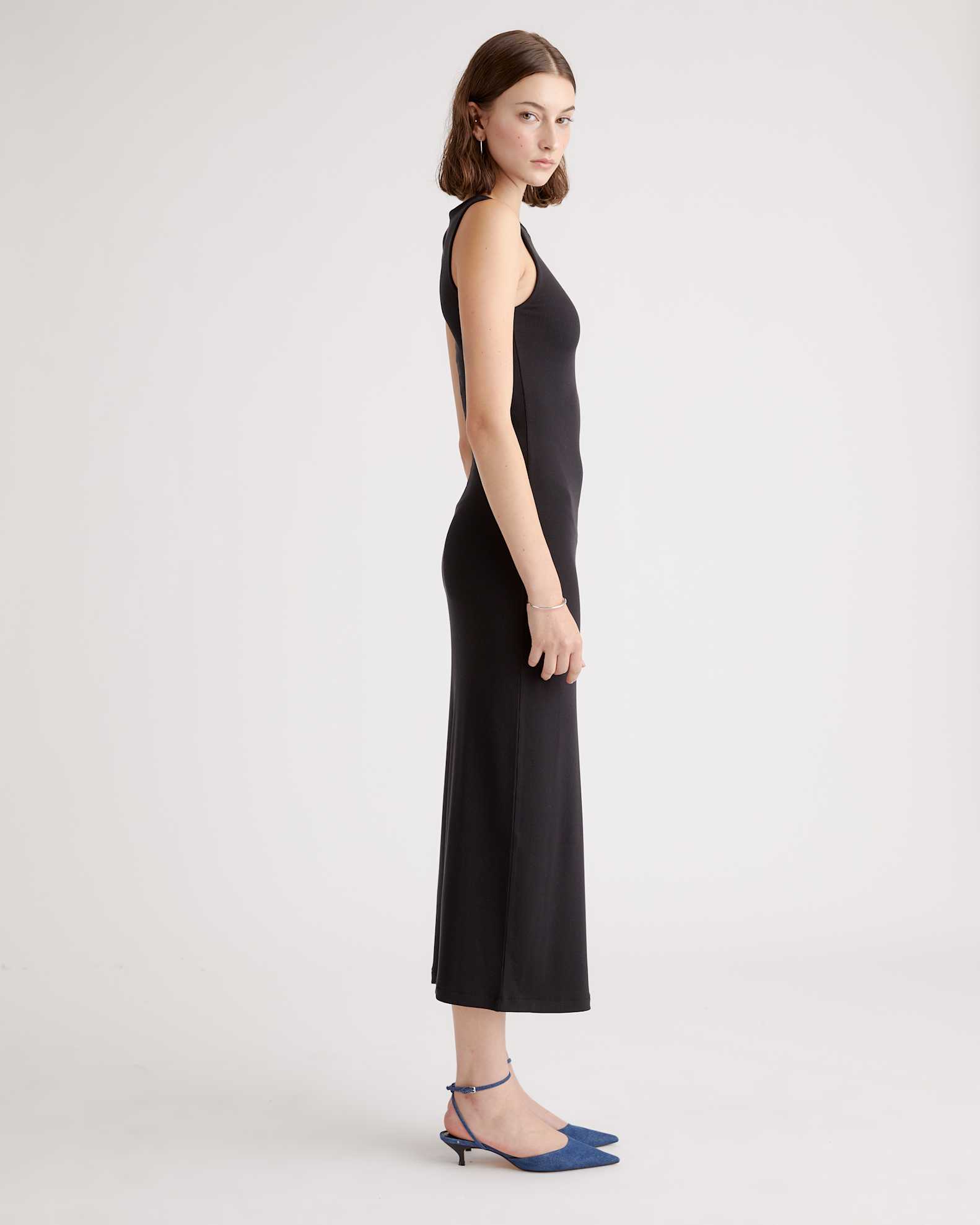 black midi dress tank Enza Costa Silk Rib Ankle Length Tank Dress in Black