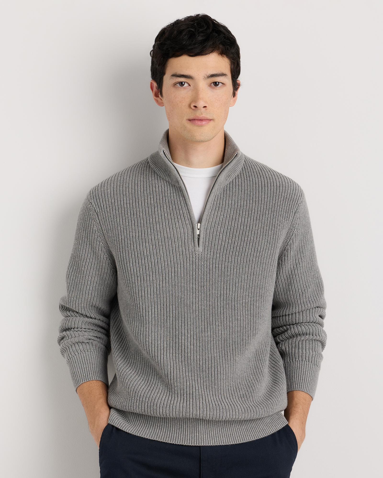 Mid Heather Grey 100% Organic Cotton Ribbed Quarter-Zip Sweater