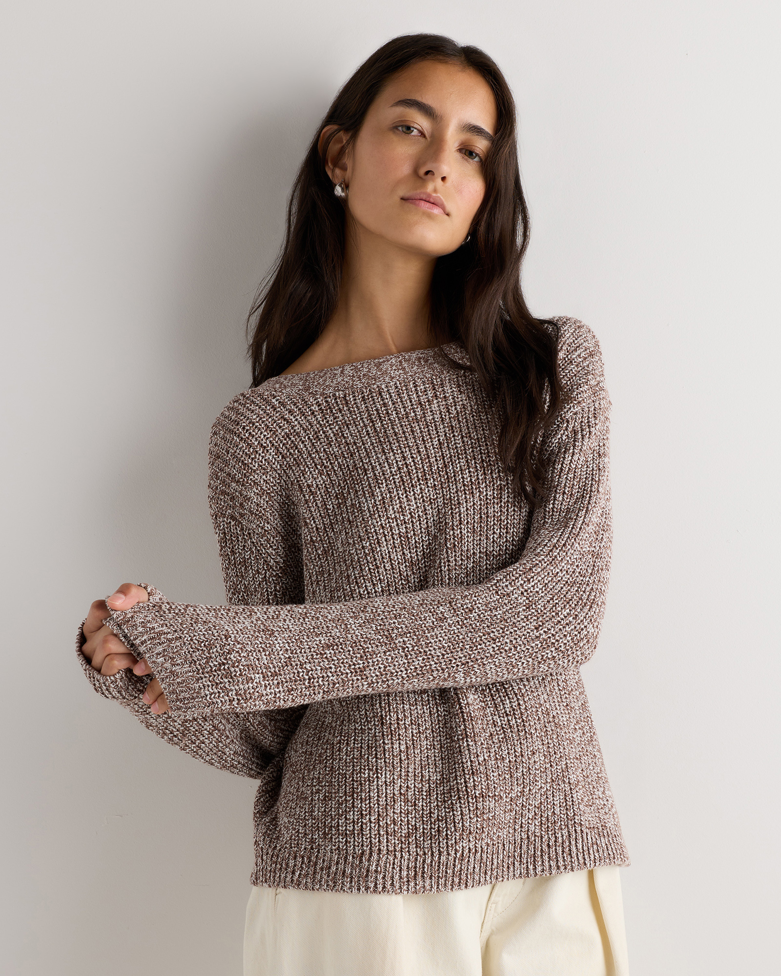Warm Taupe Marl 100% Organic Cotton Fisherman Boatneck Sweater