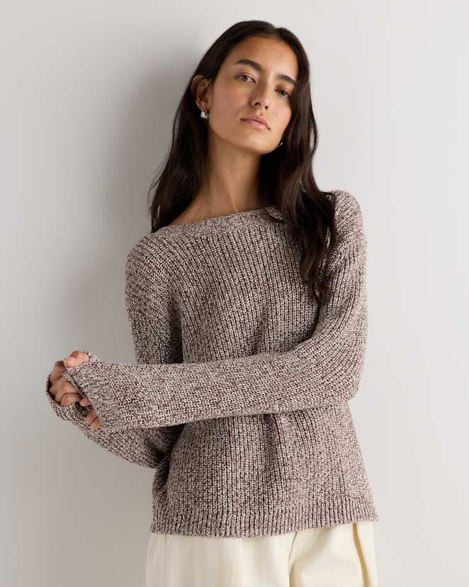 Warm Taupe Marl 100% Organic Cotton Fisherman Boatneck Sweater