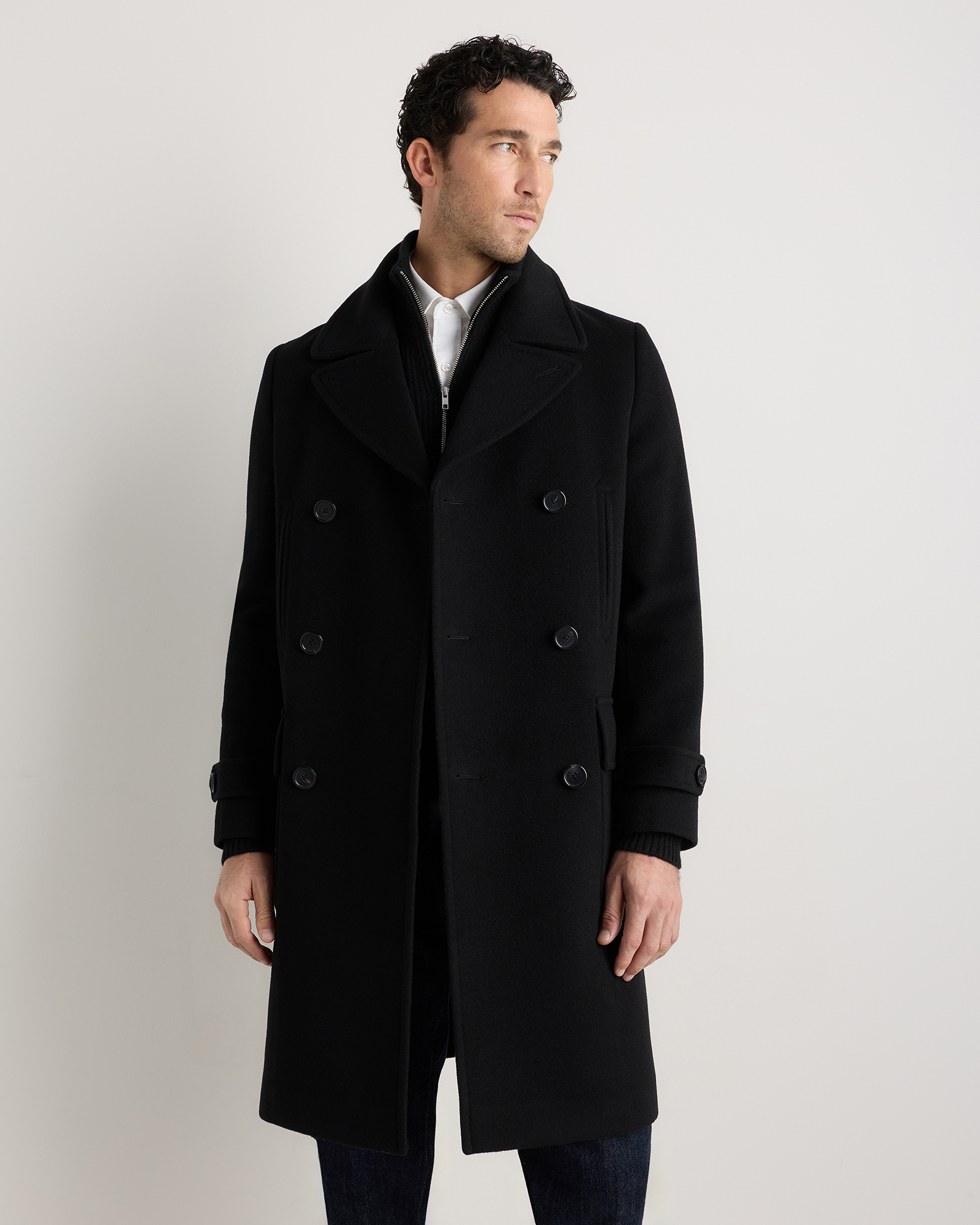 Black Wool Cashmere Double-Breasted Officer Topcoat