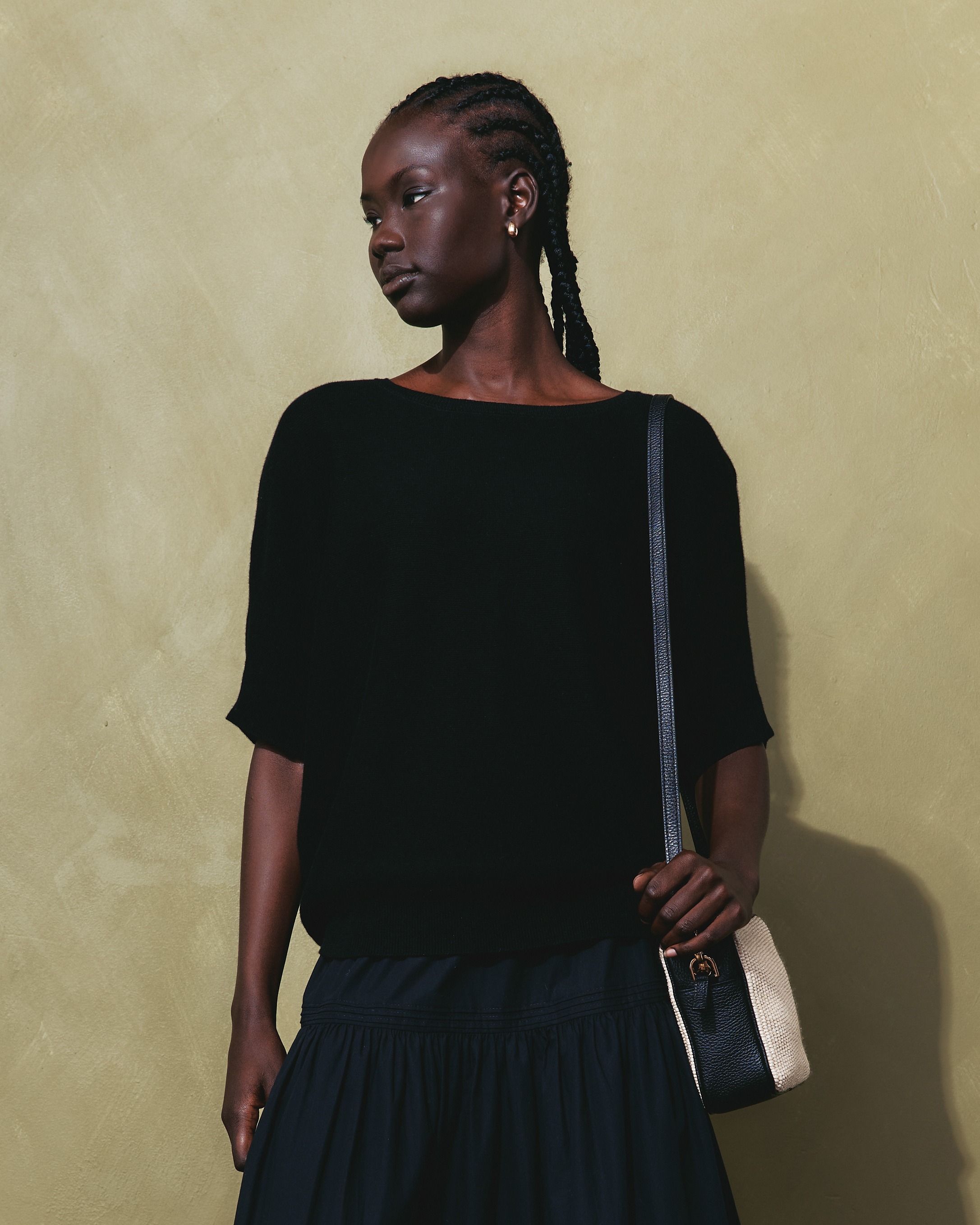 Black Lightweight Cotton Cashmere Link-Stitch Dolman Sweater 
